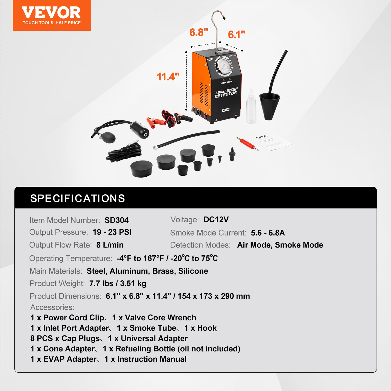 VEVOR Máquina Detectora de Fugas de Humo para Automóvil de 8 L/min, Modo de Humo en Modo Aire, Detector de Fugas, Dispositivo de Diagnóstico de Fugas -20 °C a 75 °C, 154 x 173 x 290 mm, 19-23 PSI