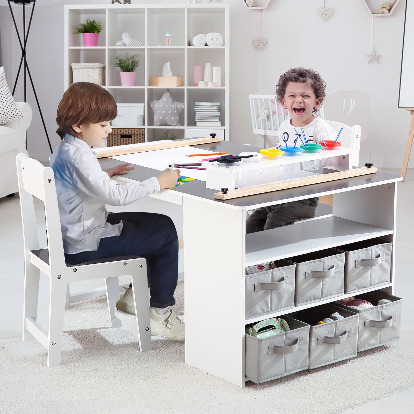 Kids Art Table and 2 Chairs,Toddler Craft and Play Wood Activity Table with Large Storage Desk and Portable Art Supply Organizer, Kids Activity Table, Drawing and Painting Desk