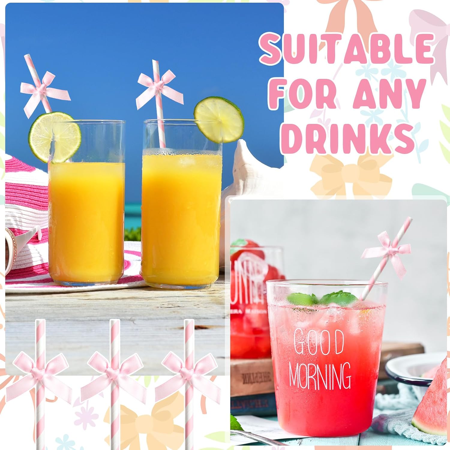 Potchen 200 Pcs Valentine's Day Bow Paper Straws Bulk Pink and White Disposable Striped Straws for Drinking, Valentines Theme Party Supplies for Birthday Wedding Cake Bachelorette Baby Shower Decor