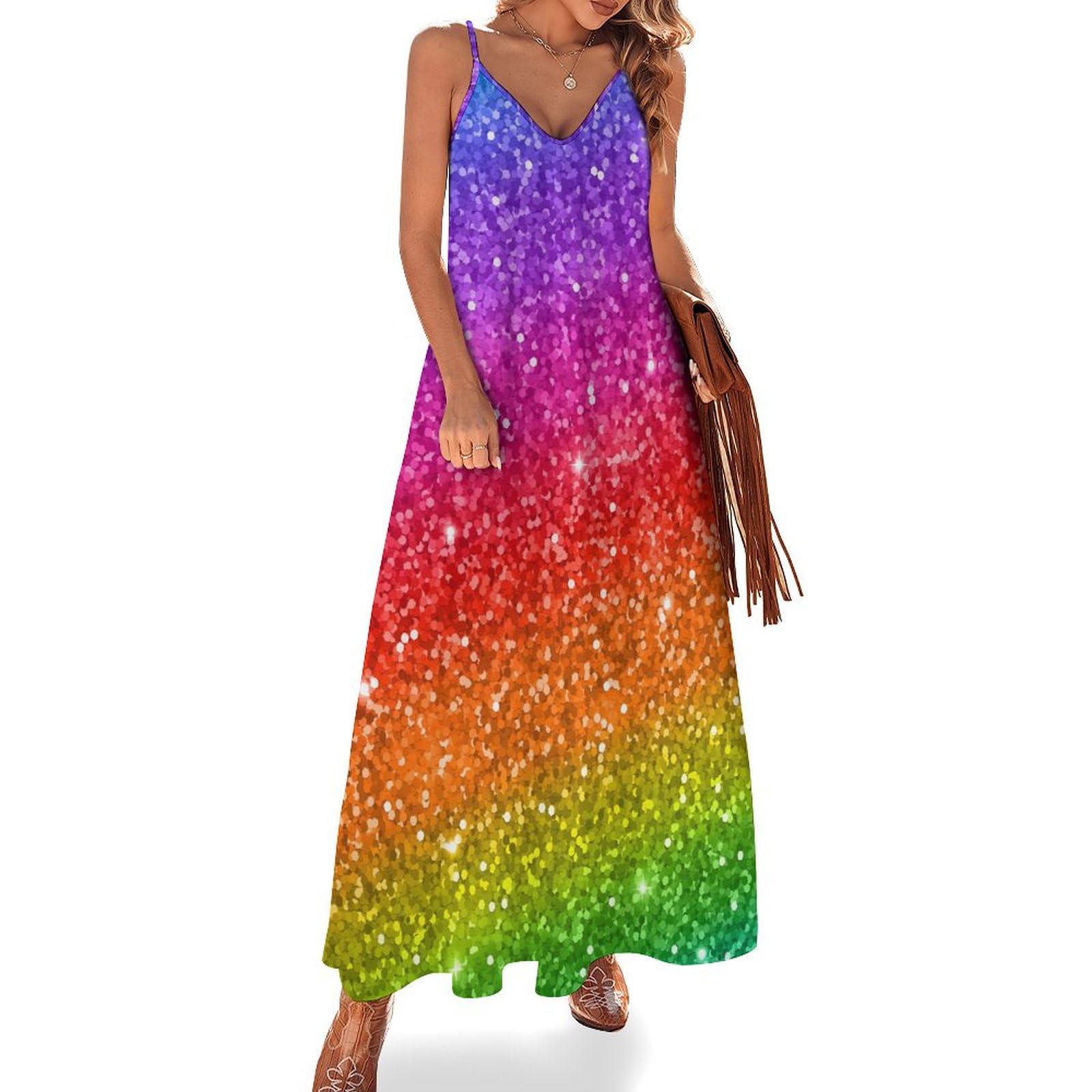 Rainbow Sequin Women's Summer Sleeveless Maxi Long Dress Deep V-Neck Beach Sundress