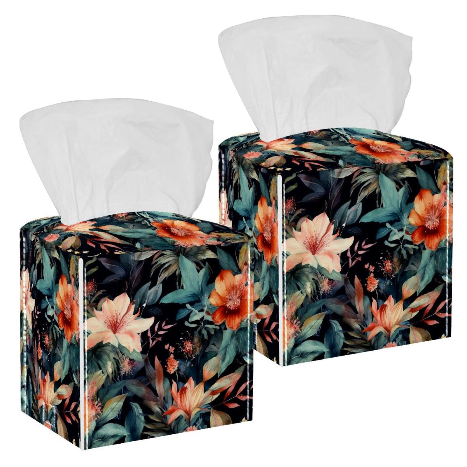Flowers Tissue Box Cover, 2 Pack PU Leather Square Facial Tissue Dispenser Box holder for Home Office Car