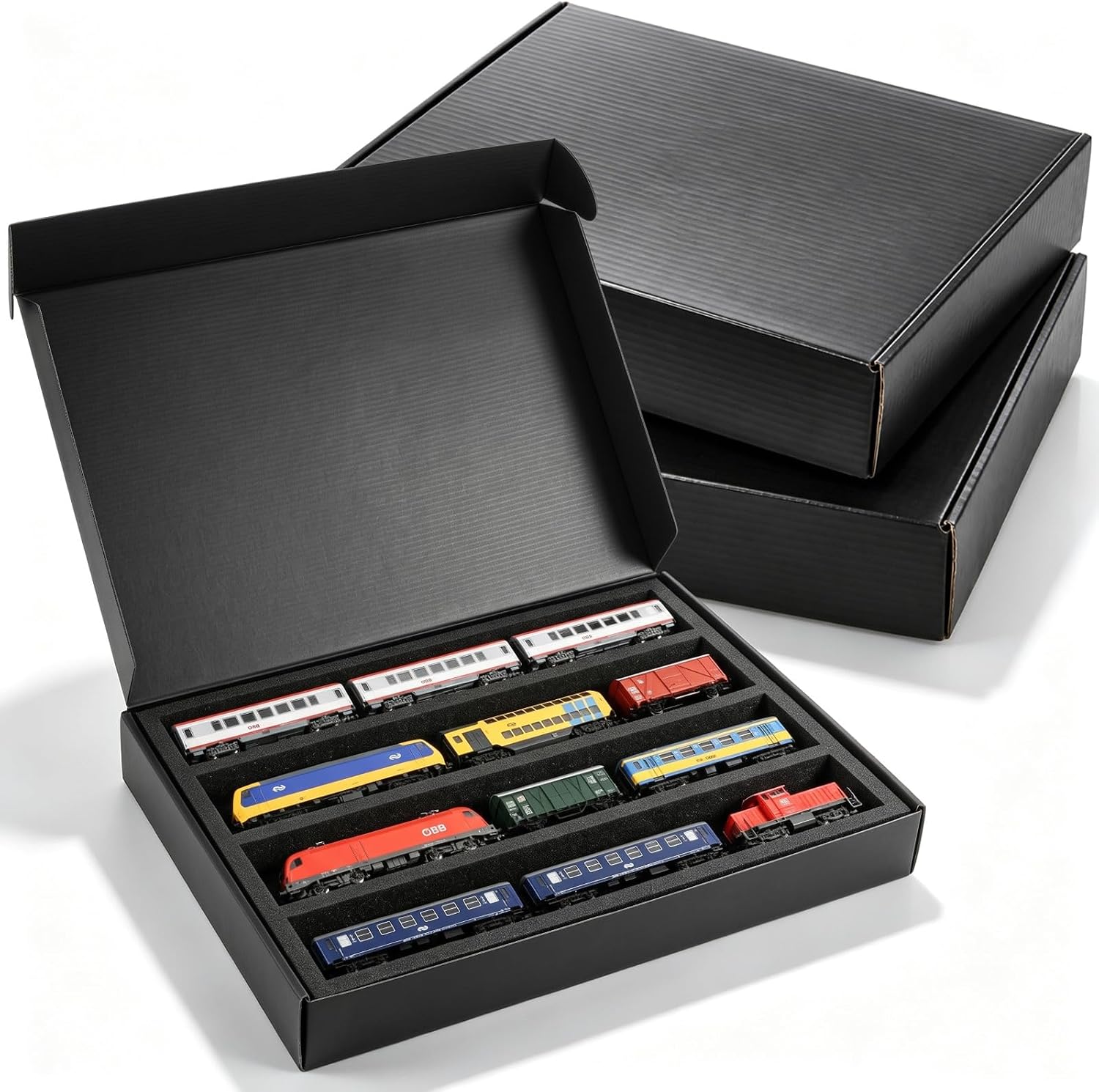 Silipull 3 Pcs Ho Scale Model Train Storage Box with 4 Slots Foam Insert Organizer and Lid Hard Corrugated Mailer Box for Ho Gauge Train Model Railway Locomotives Wagons Vehicles Transport Accessories