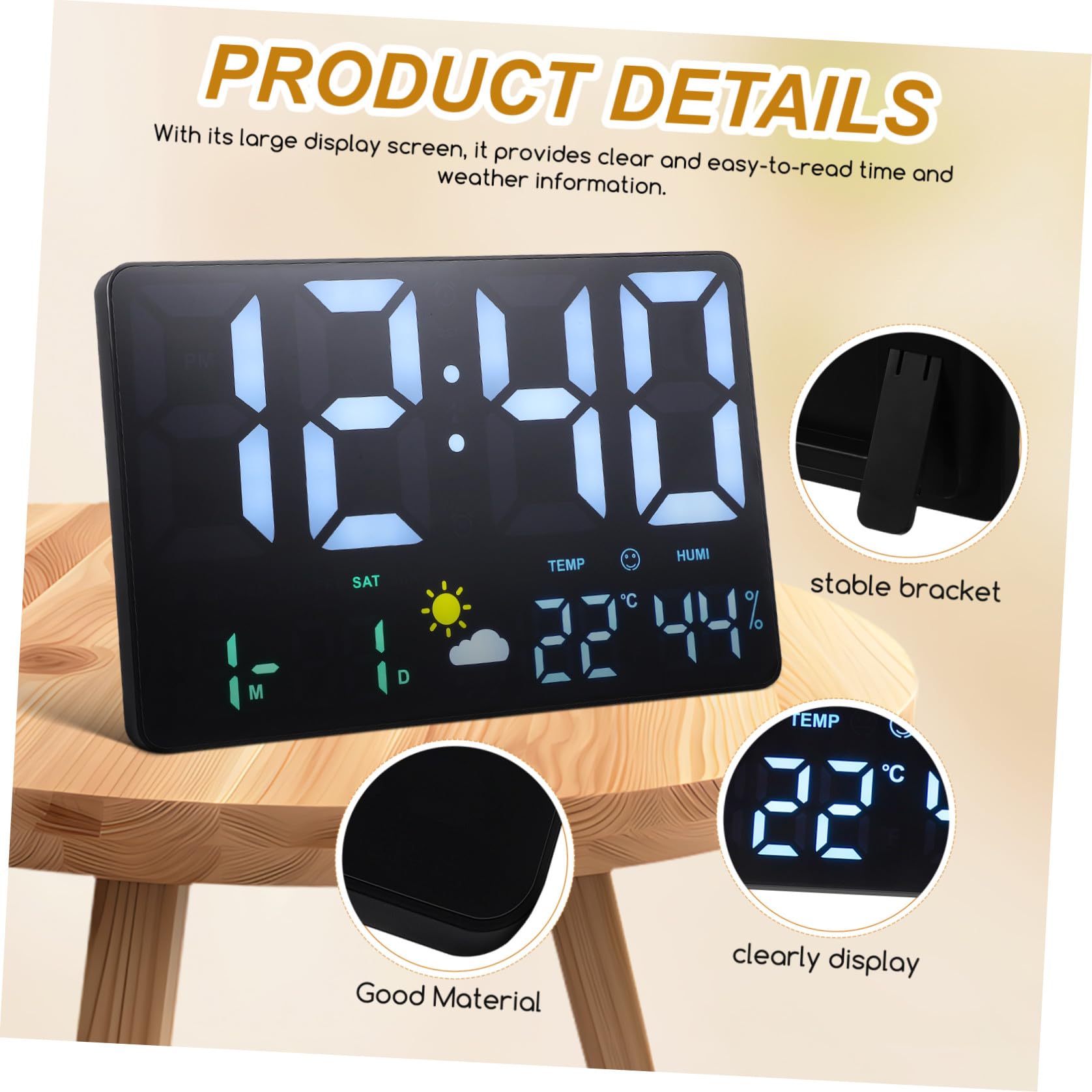 Artibetter Reloj de Pared Digital Pantalla LED Grande y Función de Temperatura para Oficina y Sala, Diseño Negro de Plástico Pronóstico