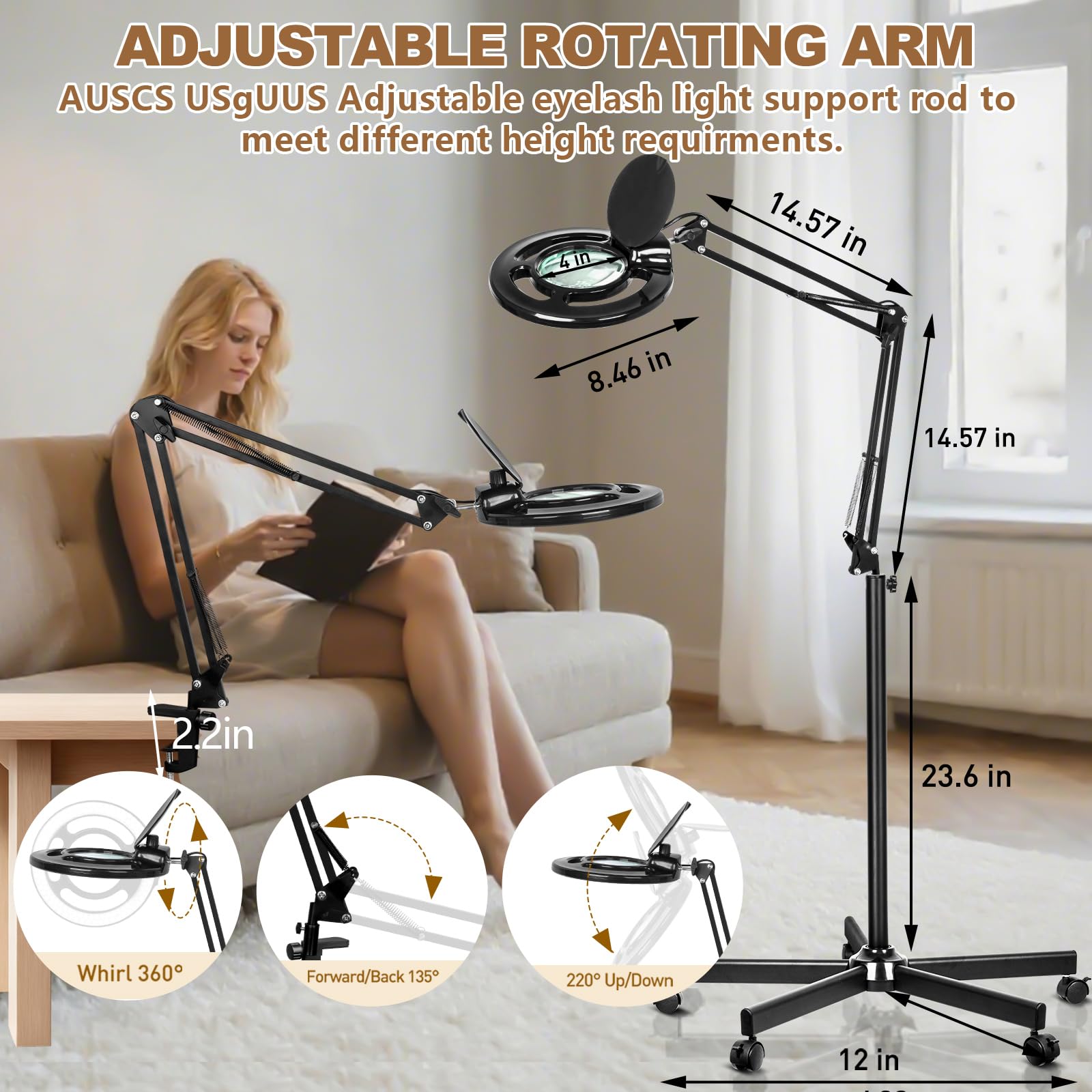 Kosmetiklampe mit 10-Facher Vergrößerung, 2500 Lumen Stufenlos Dimmbar Lupe mit Licht und Ständer 5-Rollen-Fuß, Dimmbare Kosmetik light für Wimperntechnik/Tattoo/Extensions/Schönheit