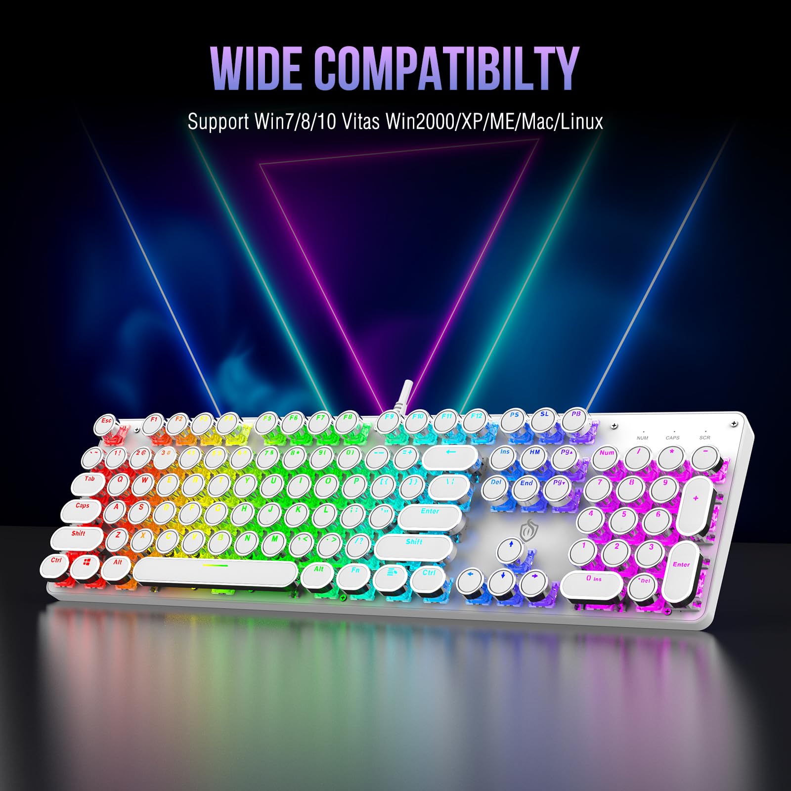 Mechaniczna klawiatura do gier z czerwonymi przełącznikami z podświetleniem RGB, 104 klawisze, okrągła nasadka klawiszy retro, przewodowa, styl maszyny do pisania, wygodny dźwięk pisania (biała RGB)
