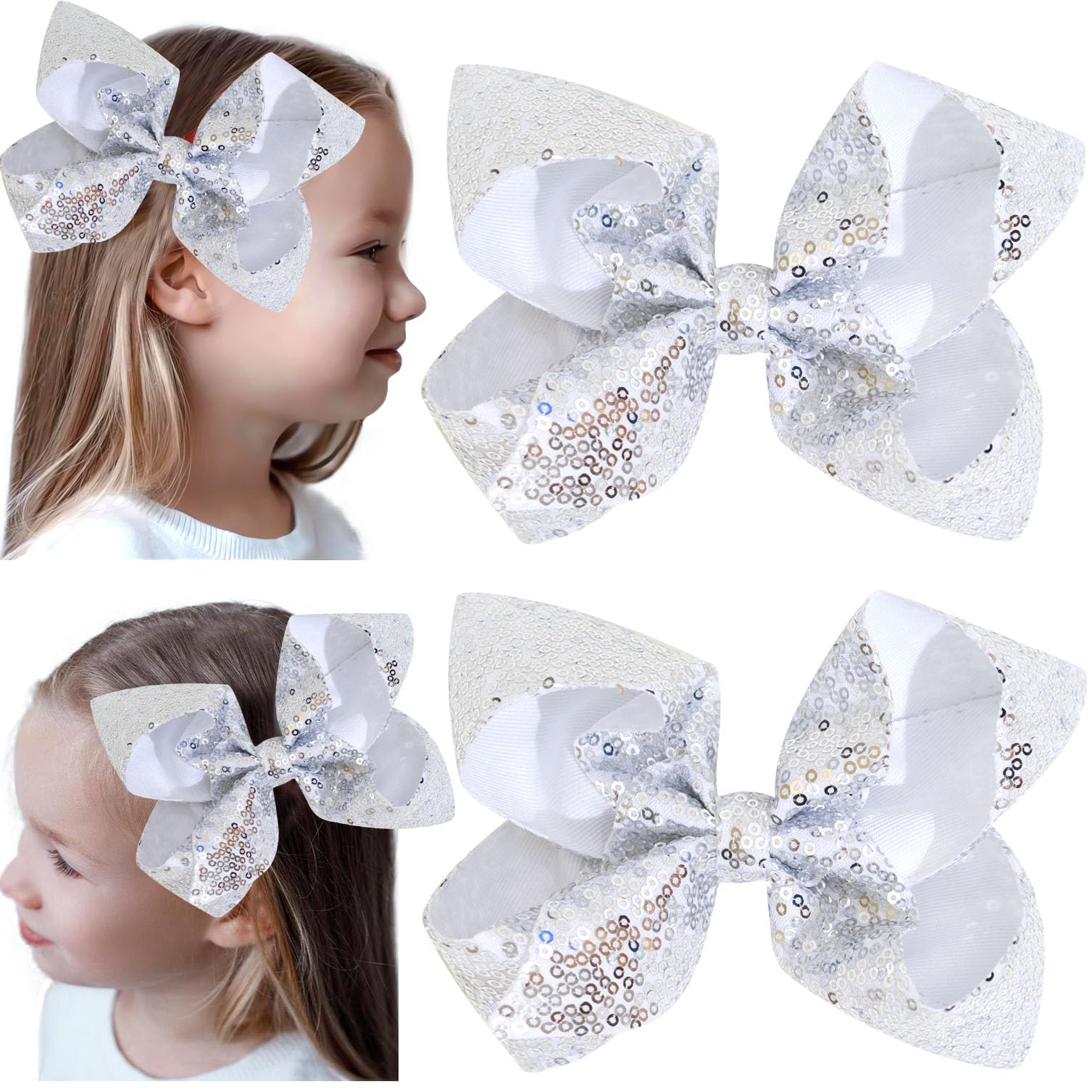 2 PCS 6 Inches Sequins Large Bows Alligator Hair Clip Hair Barrettes Accessories for Women Teens Girls Kids (Silver)