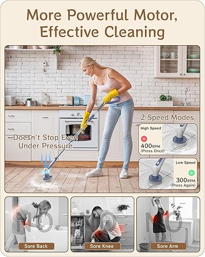 Miniatura 5 de HOVOBO Limpiador eléctrico giratorio 13 en 1 para limpieza, limpiador de ducha impermeable IPX8 con mango largo y 11 cabezales, cepillo de limpieza