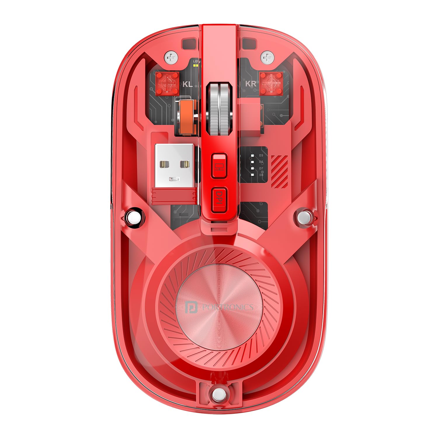 portronics toad 8 transparent wireless bluetooth mouse with dual wireless (bt + 2.4 ghz), rechargeable battery, noise-free clicking, show/hide desktop, multi-device pair, adjust sensitivity (red)