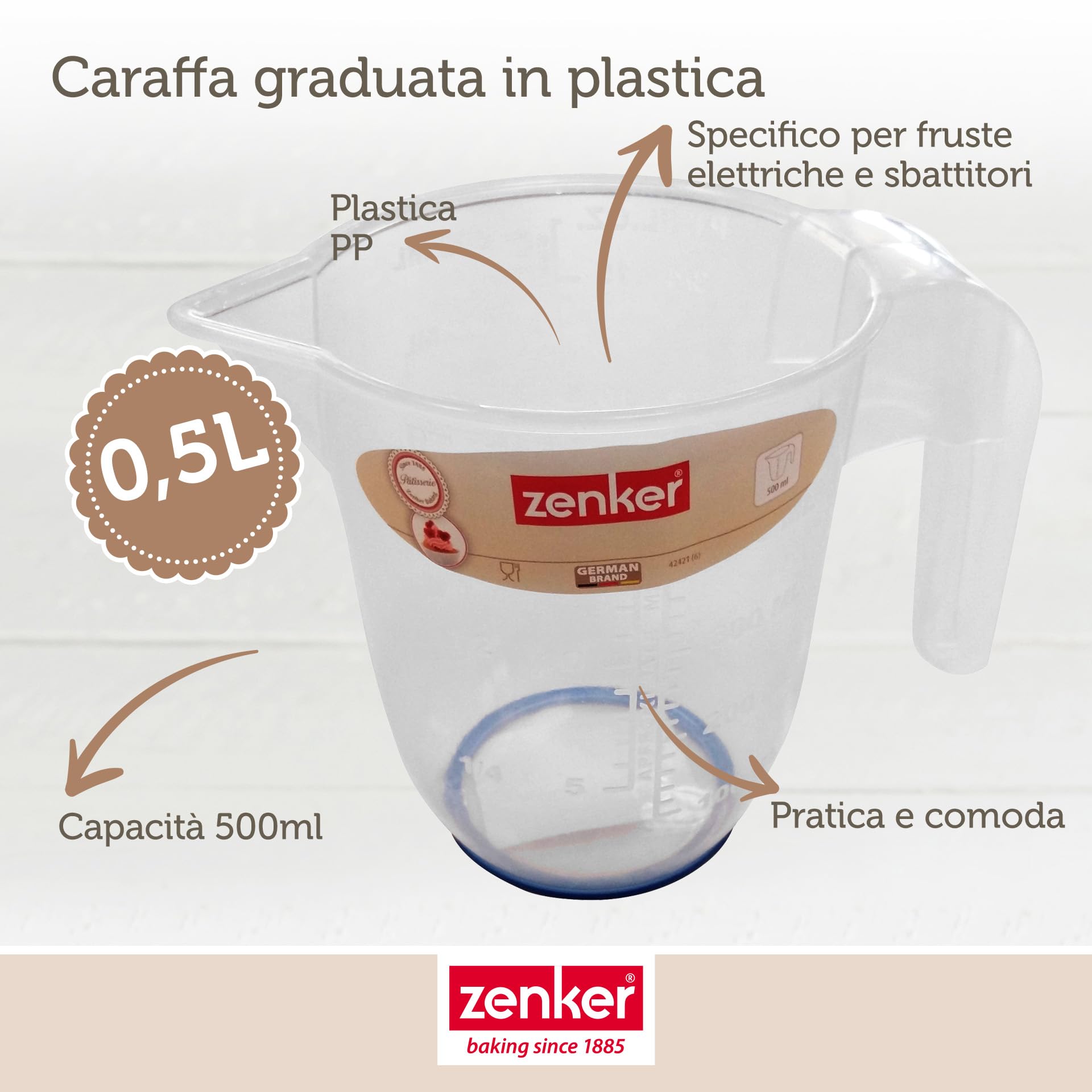 Zenker Caraffa graduata da 0,5 litri in plastica alimentare con scala di misurazione precisa, Caraffa in plastica resistente al calore, adatta a fruste elettriche, lavabile in lavastoviglie