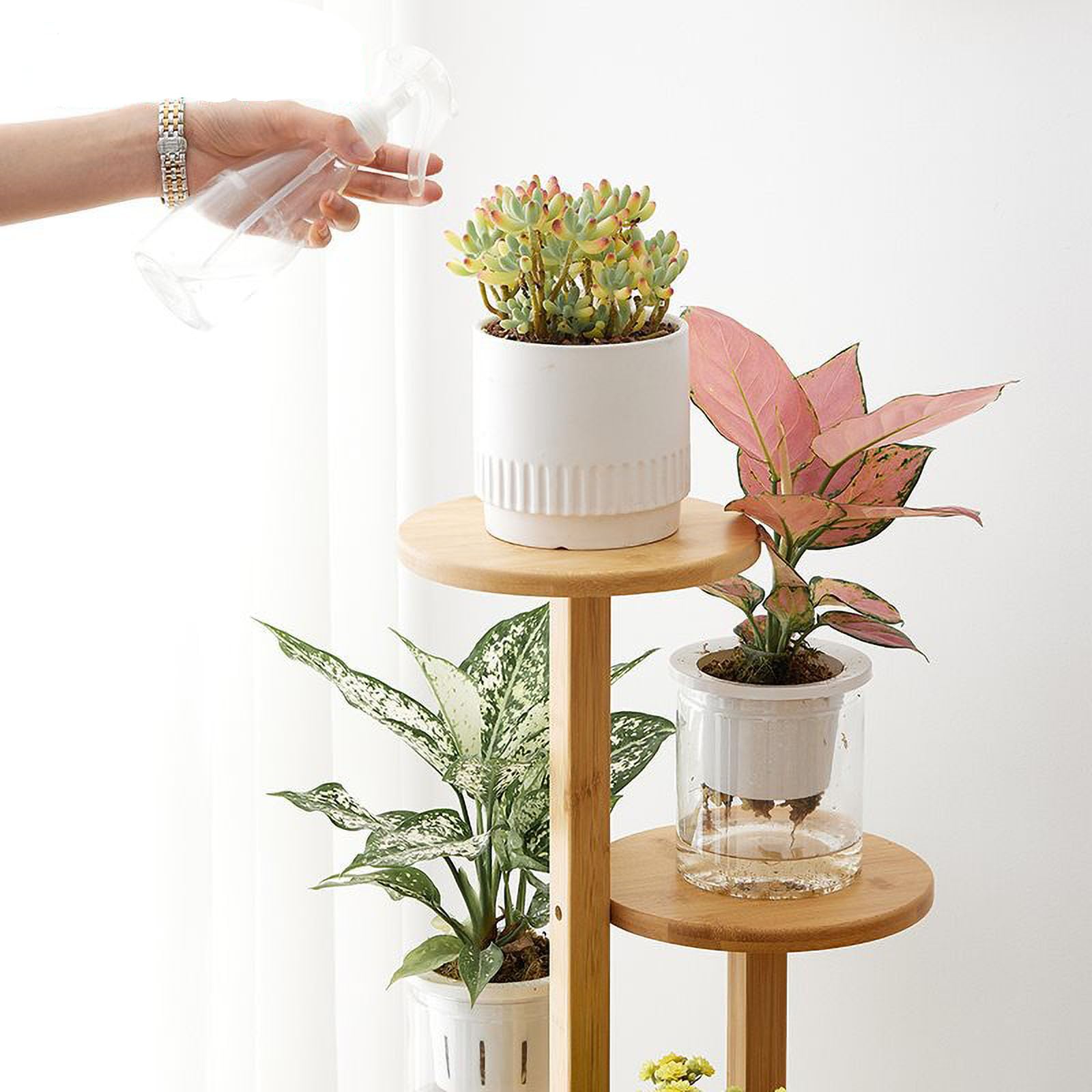 Porte Plante Interieur, Support Plantes Interieur en Bambou, 4 Roulettes, Étagère Plante 5 Niveaux Stable pour Petits Pots, pour Balcon Salon, 19 * 90CM