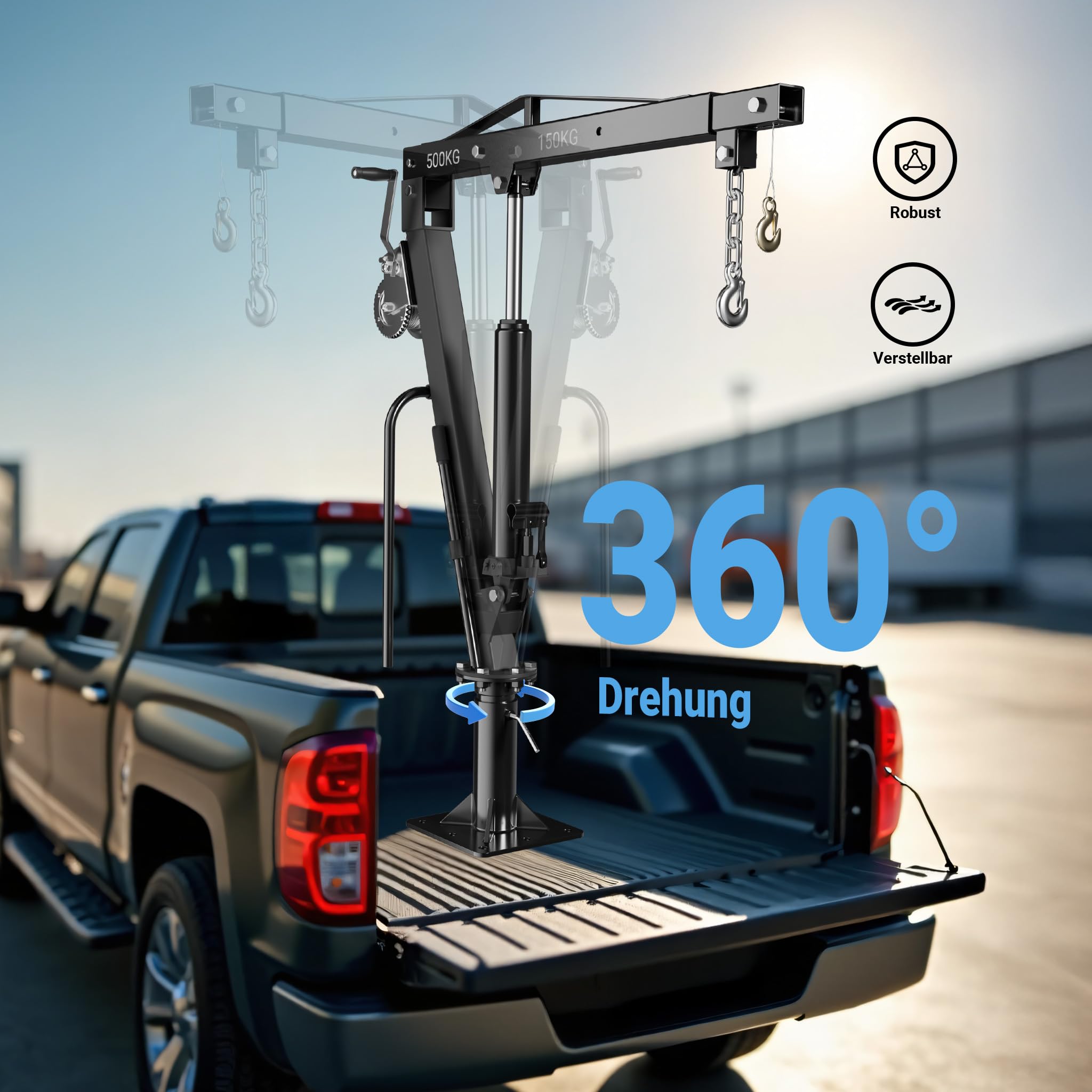 Wiltec Pickup Kran Ladekran bis 1770 mm Höhe, 500 kg Traglast und 360° Drehkranz, Seilwinde, massiver Standfuß zur Bodenmontage, Werkstattkran