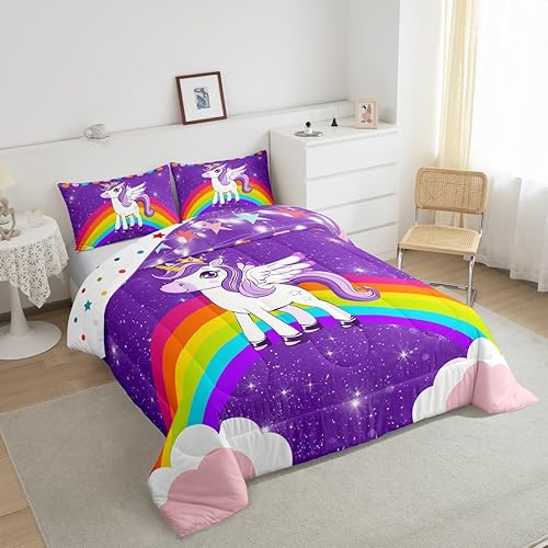 Miniatura 4 de Juego de edredón de unicornio para niñas, tamaño individual, juego de ropa de cama con diseño de arcoíris, bonito edredón de plumón con purpurina de