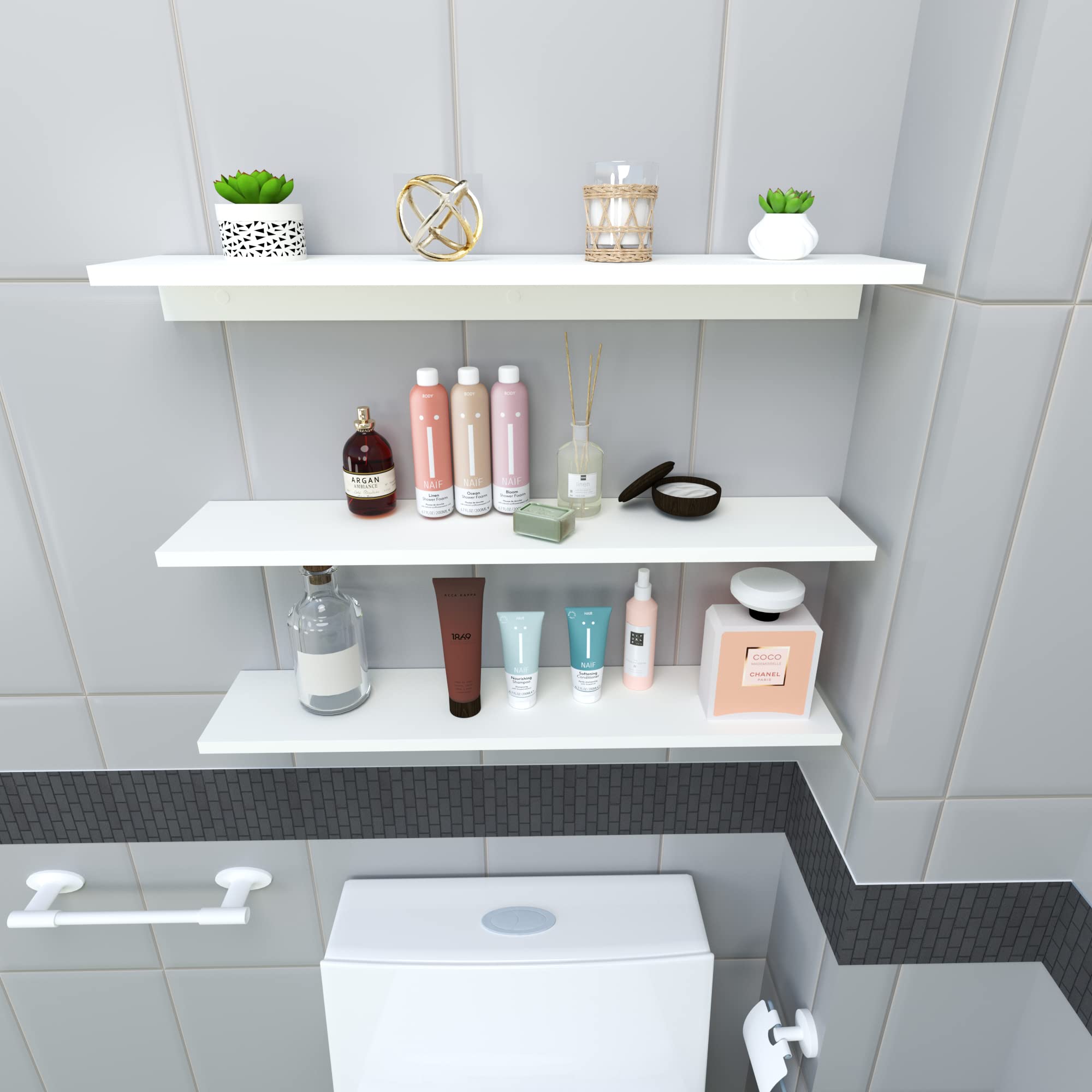 Henor Lote 3 Baldas Pared Madera 85 x 17 x 7.5 cm. Estantes Flotantes. Colgantes. Sala de Estar. Oficina en Casa. Baño. Cocina Blanco.