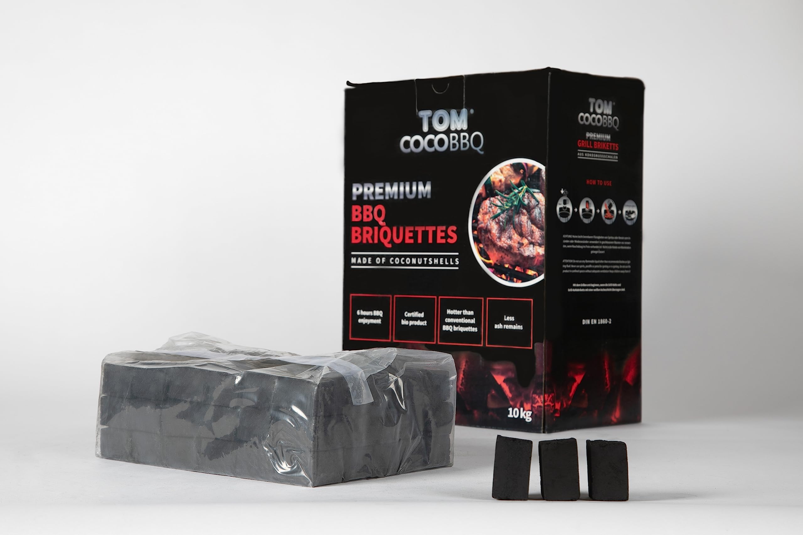 Charbon de noix de coco Tom briquettes BBQ boîte 10 KG pour cuisson longue durée