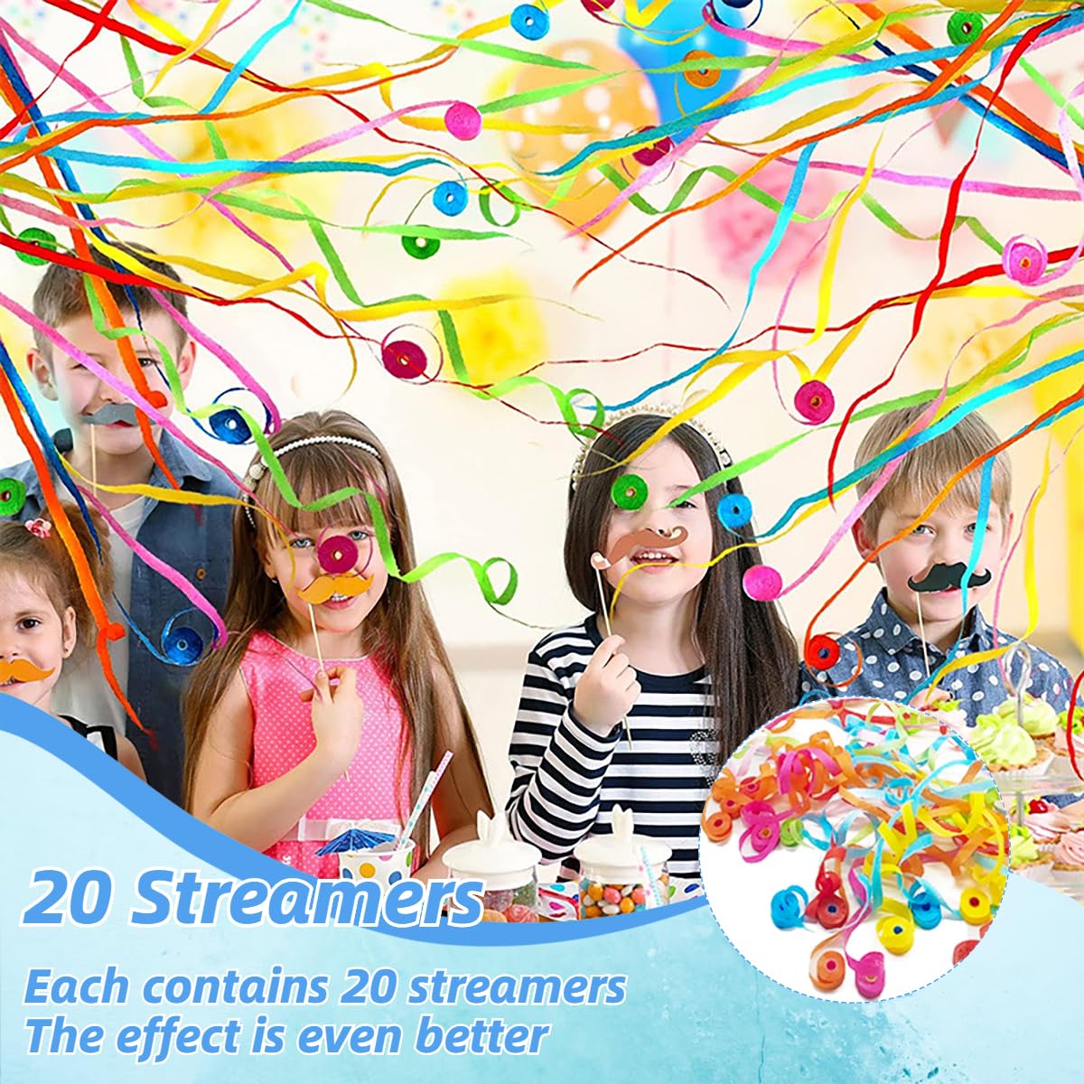 Paquete de 20 serpentinas sin ensuciar, coloridas galletas de papel sin ensuciar, para cumpleaños, bodas, fiestas (azul)