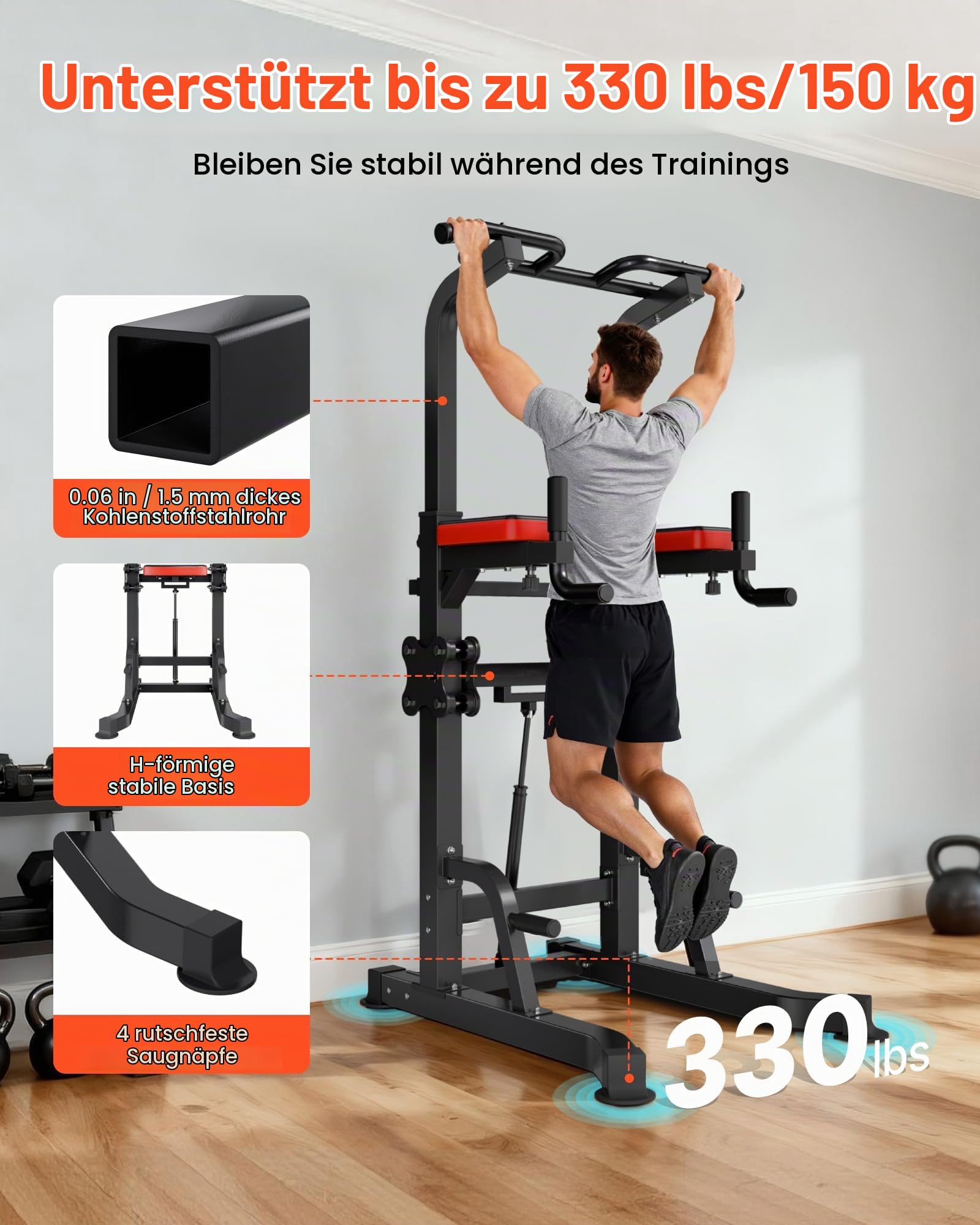 VEVOR Klimmzugstange Klimmzugstation Power Dip Station mit 150 kg Tragkraft & H-Rahmenkonstruktion stabilem Sockel & Unterstützungsplattform, 9-fach höhenverstellbar, Training von Armen Rücken