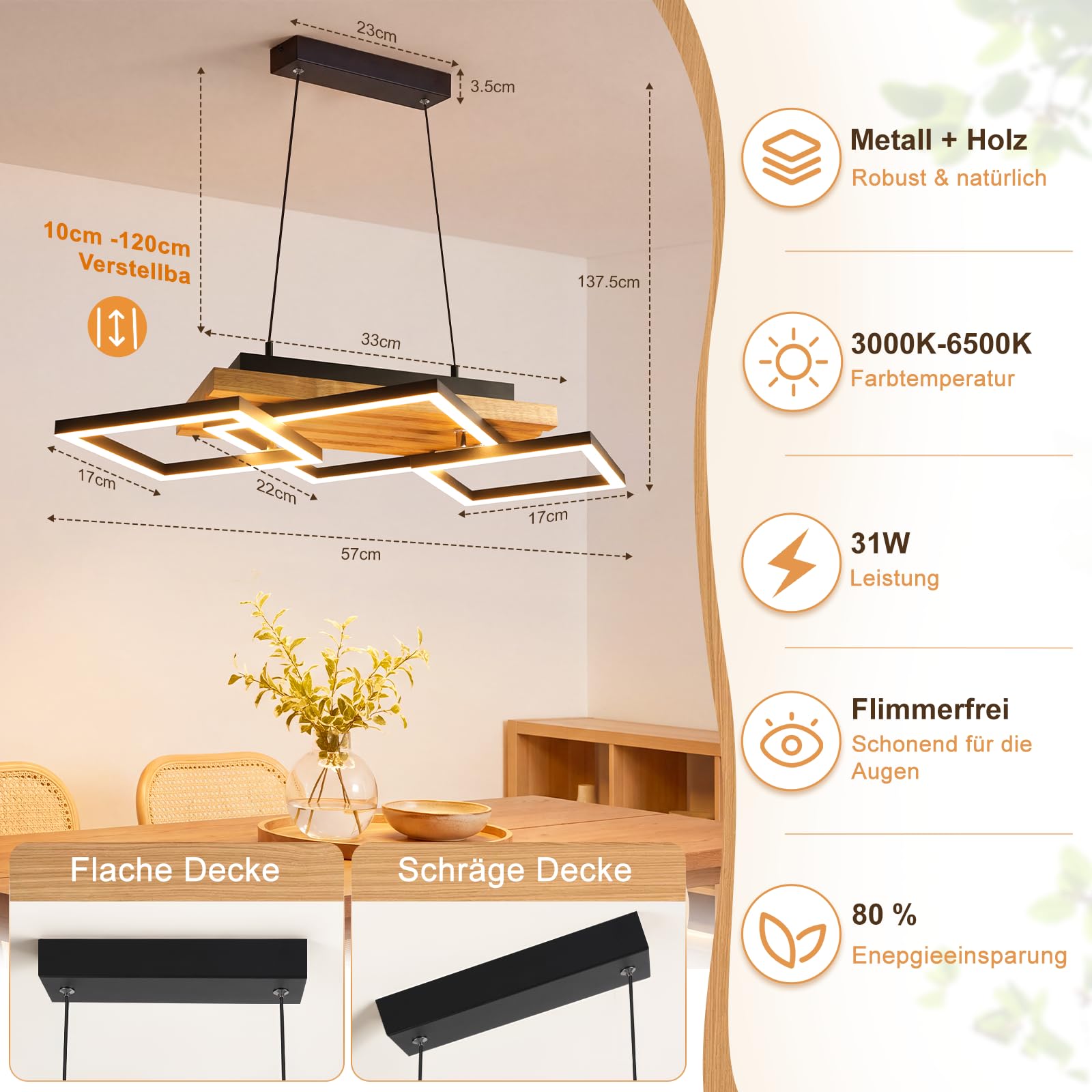 GBLY Pendelleuchte Esstisch Hängelampe Holz Esszimmerlampe Moderne Dimmbar