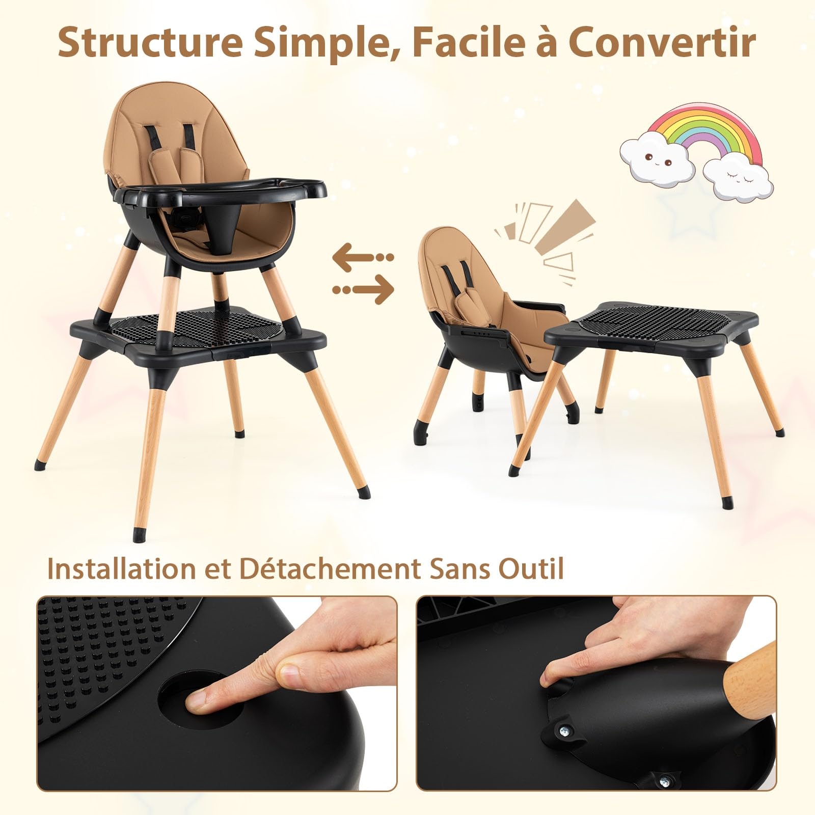 COSTWAY 6 en 1 Chaise Haute Bébé Evolutive, Table en Blocs Convertible, Harnais à 5 Points, Plateau Réglable Amovible, Chaise Haute Bebe en Bois, pour 6-36 Mois, Charge 15 kg, Café