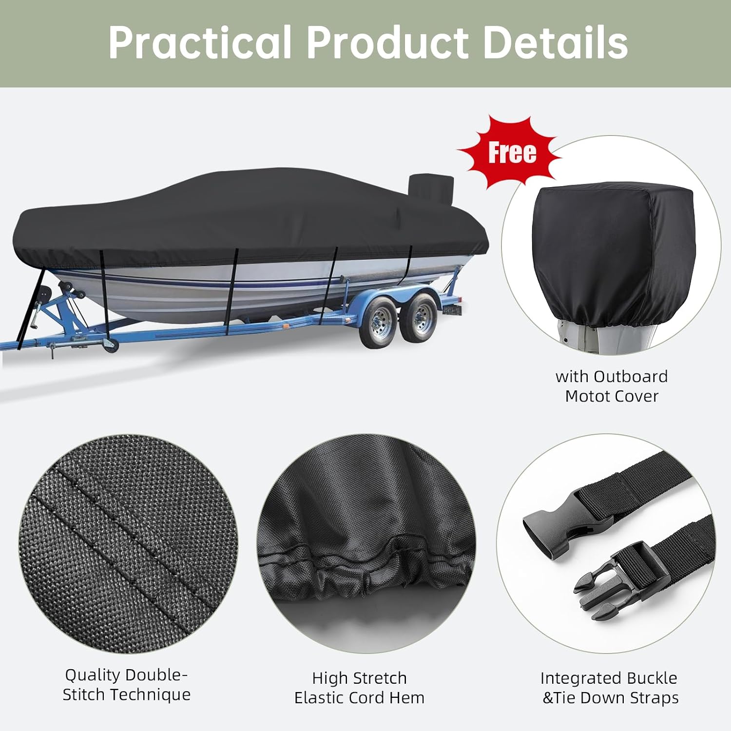 Trailerable Boat Cover with Motor Cover, Waterproof 17'-19' Marine Grade Heavy Duty Polyester Canvas, Fit Bass Boat, V-Hull, Pro-Style, Runabout, Fishing, Ski Boat with Tightening Strap, Black