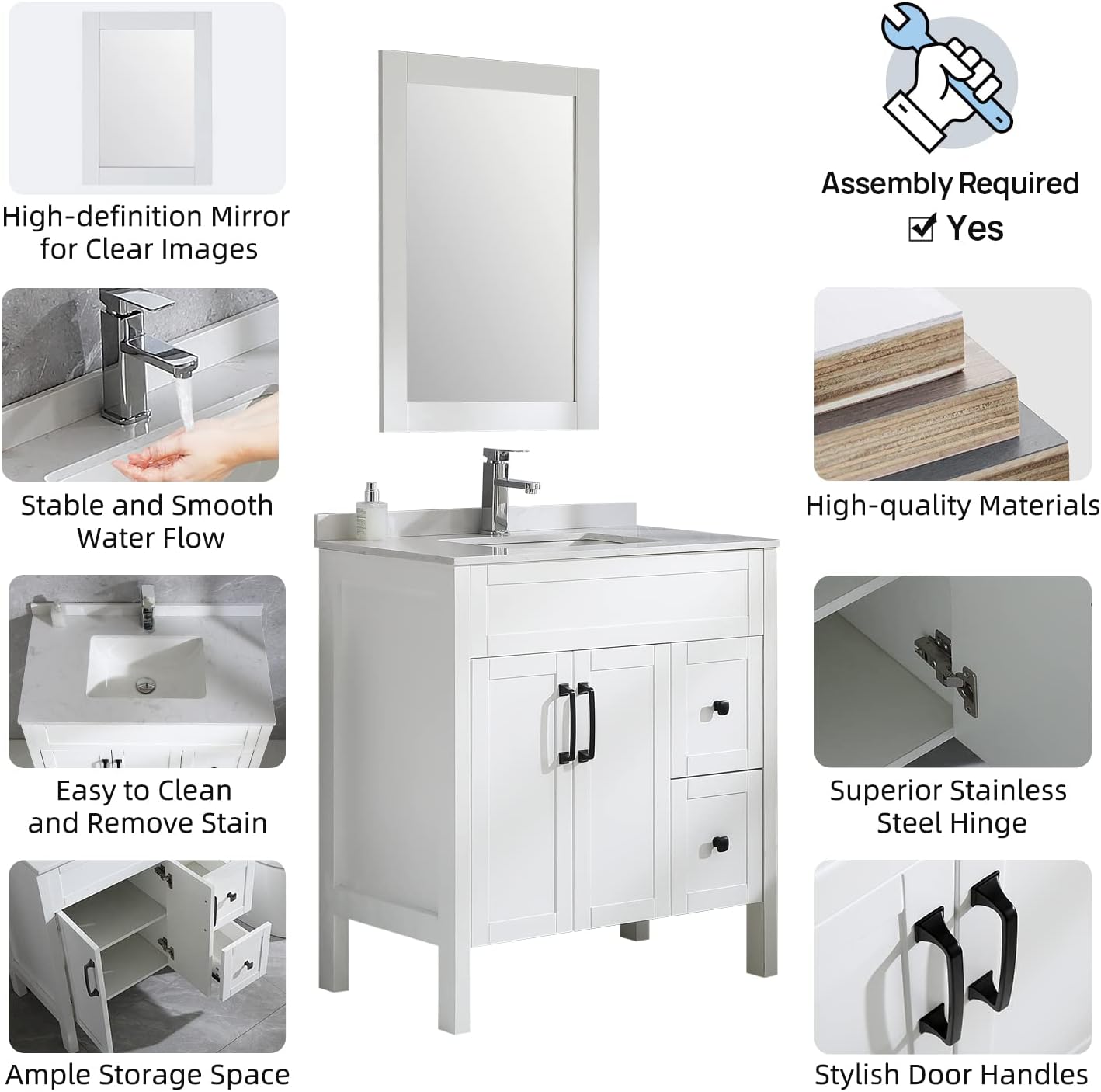 wonline 32" Bathroom Vanity Cabinet and Man-Made Stone Countertop Combo Undermount Ceramic Vessel Sink Chorme Faucet Drain with Mirror Vanities Set White