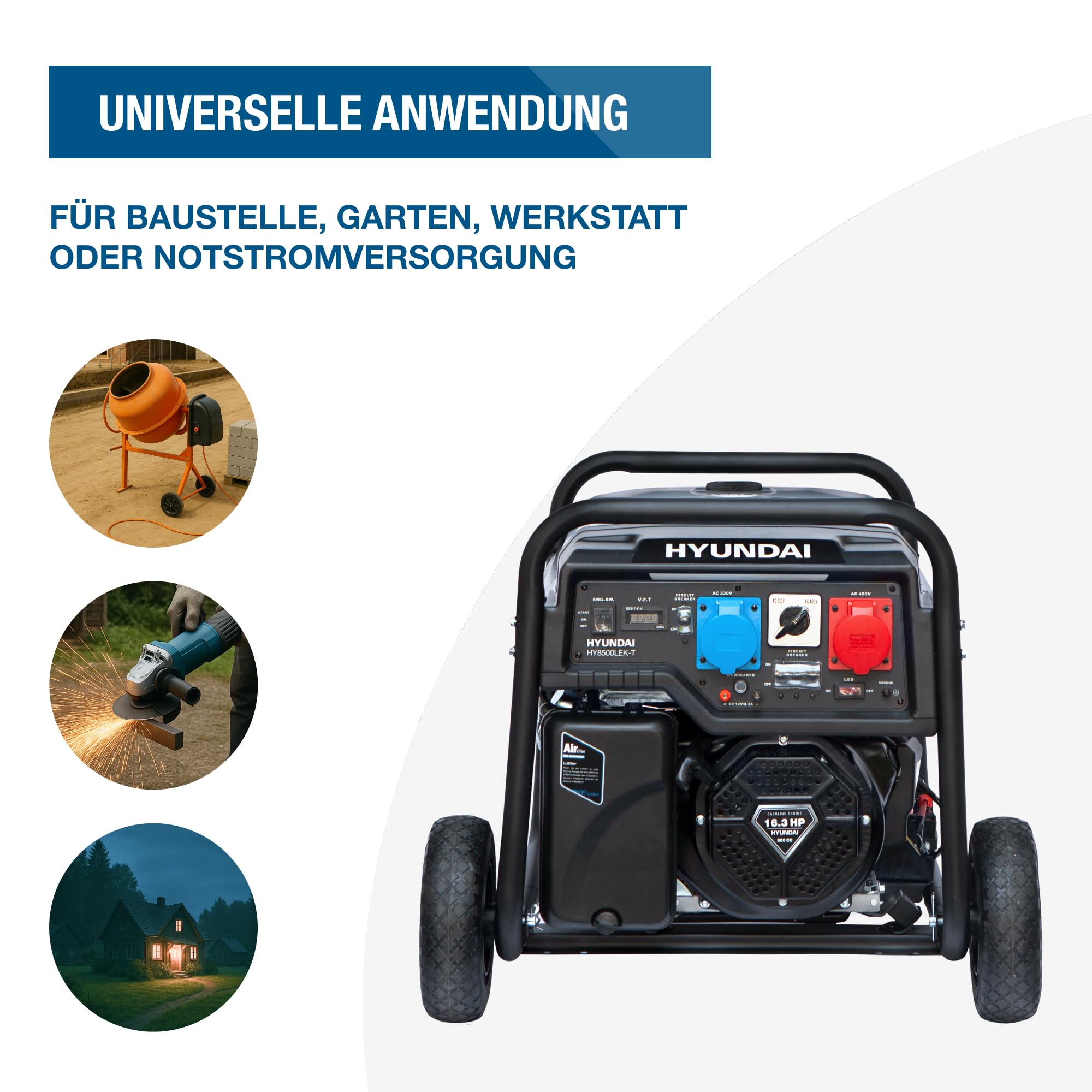 HYUNDAI Benzin Stromgenerator HY8500LEK-T, Stromerzeuger mit 230V & 400V, max. Leistung 10.3kVA, 16.3PS Motor, E-Start, Generator für Baustelle, Notstromaggregat