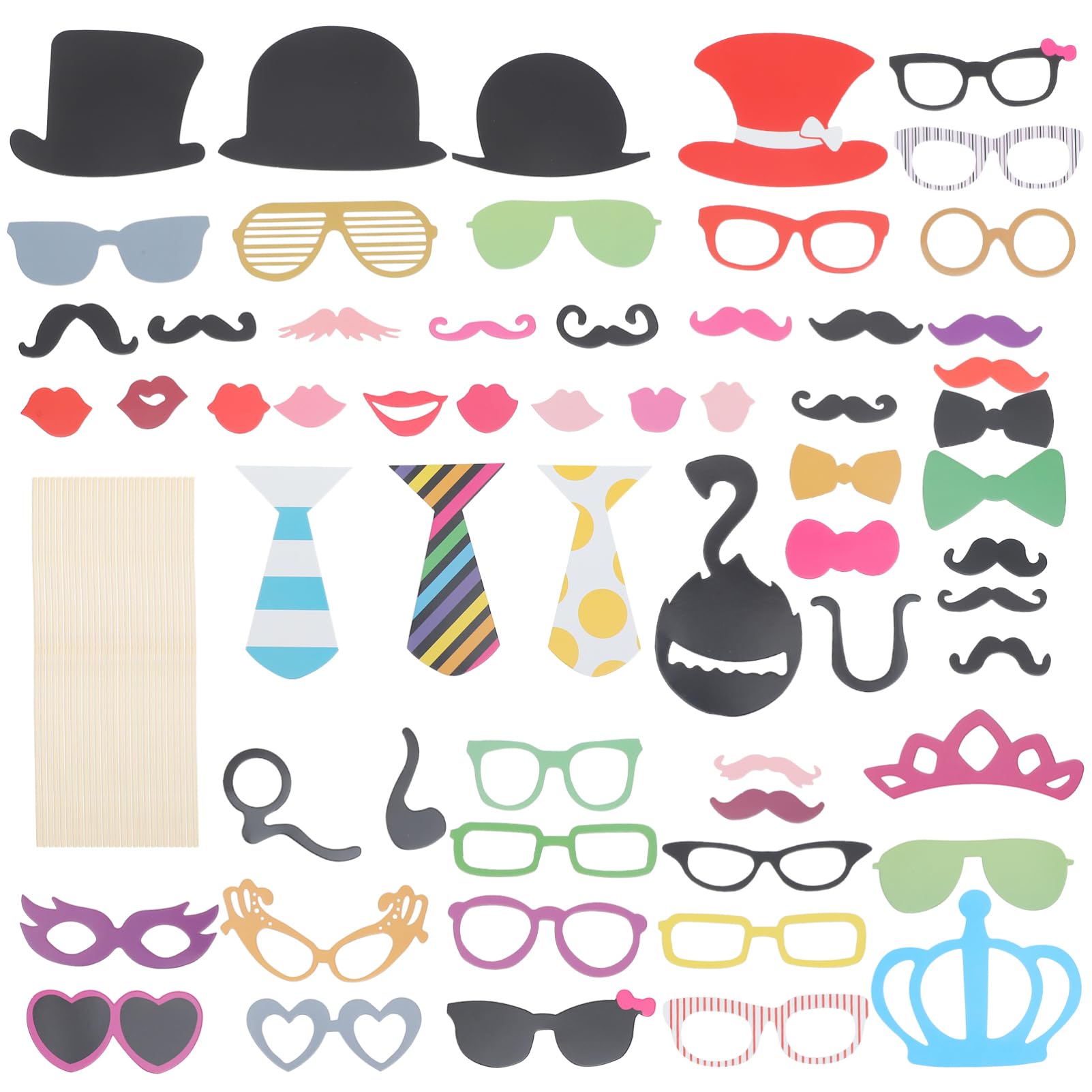 Cabilock Lot de 60 Accessoires Photo pour Fêtes Moustaches et Chapeaux en Papier Cartonné et Bâtonnets en Bambou pour Photobooth Amusant Lors de Mariages ou Fêtes Plusieurs Styles