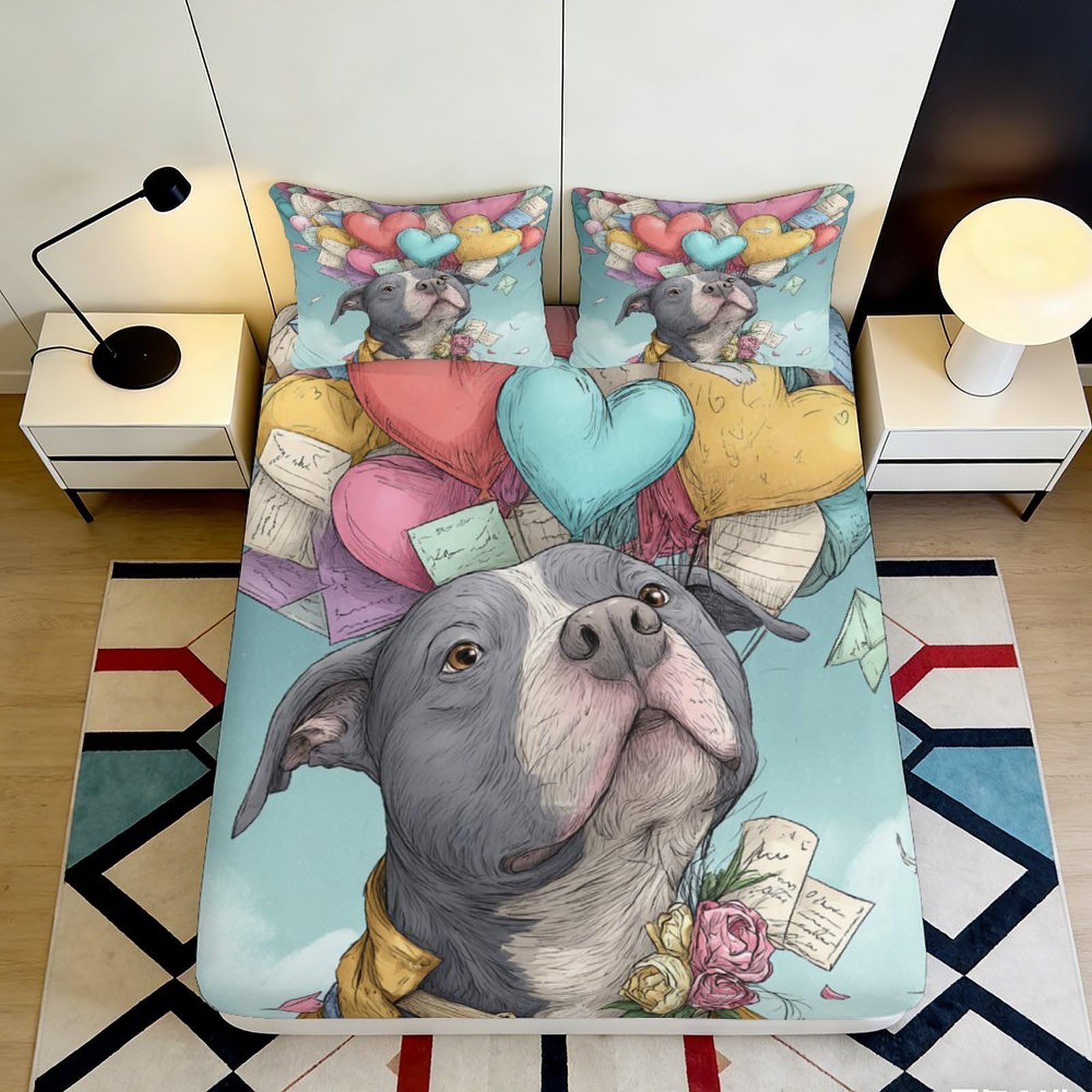 3D Printed Dog with Heart Balloons Fitted Sheet Microfiber Soft Bedroom Decor Mattress Cover for Home Dorm 160x200x25cm