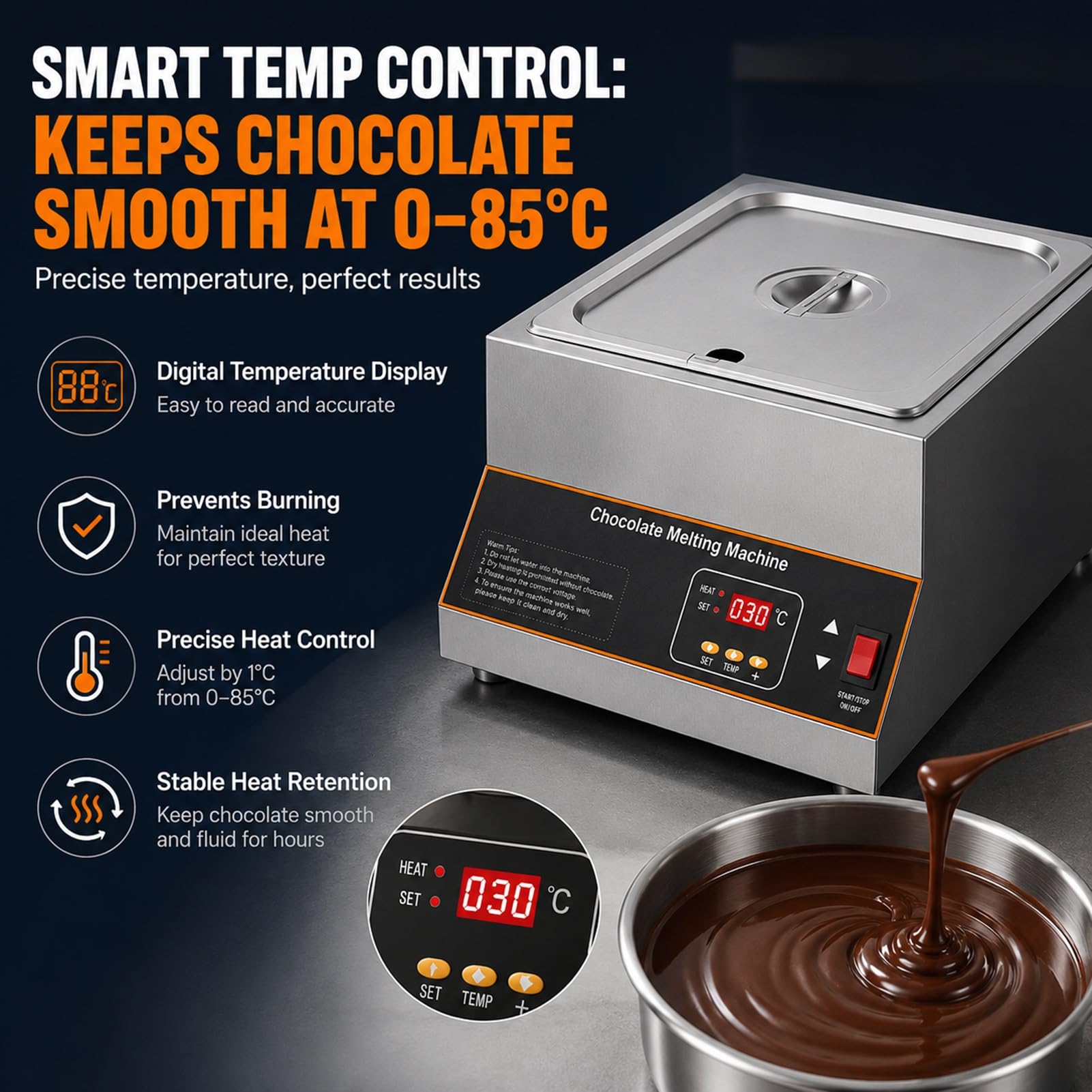 Efficace Trempeuse à Chocolat,500W Puissance-Fondoir à Chocolat Électrique-Chaleur Uniforme,Machine de Fusion Chocolat,Thermostat Digital Pour Kit de Chocolaterie Maison(1Tank)