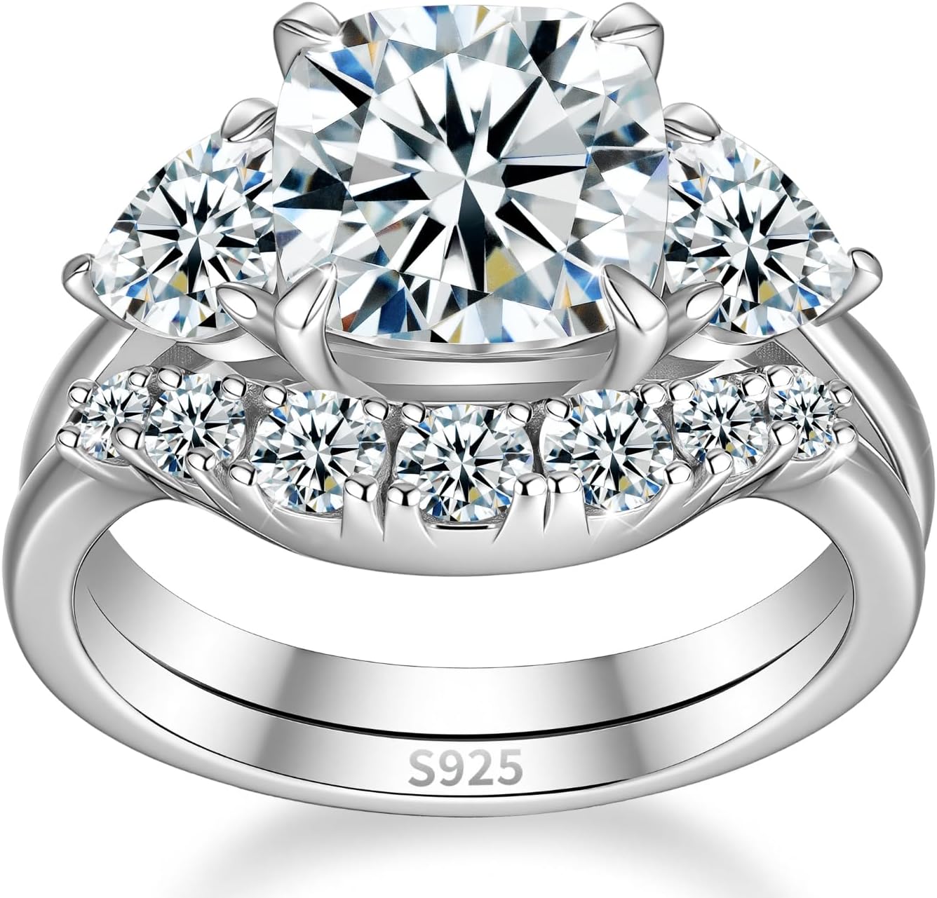 Total 4.5cttw(2.5CT Center Stone) 3 Stone Moissanite Engagement Bridal Rings Set for Women, Cushion Cut D Color VVS1, 925 Sterling Silver, Wedding Anniversary Promise Rings with Certificate