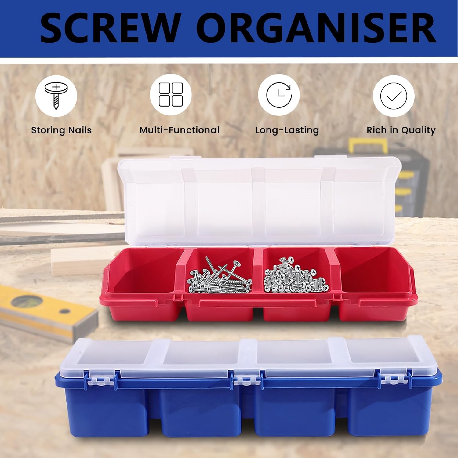 2 Pack Plastic Screw Organizer Box, 4 Compartments Bolt Bin with Lid, Stackable Hardware Storage Case for Garage Organization Parts Nail Workbench (Blue, Red) (2)
