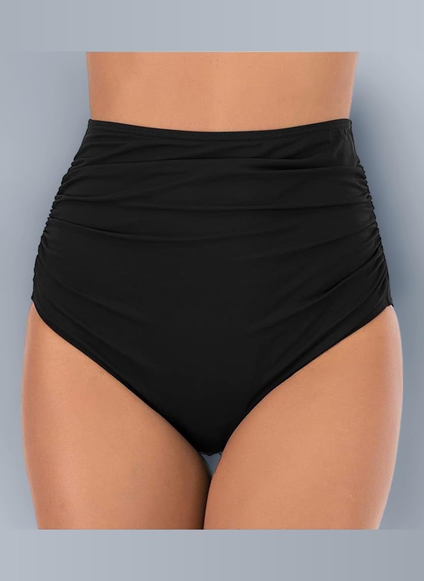 Women's High Waisted Bikini Bottoms Solid Ruched Tummy Control Swim Briefs