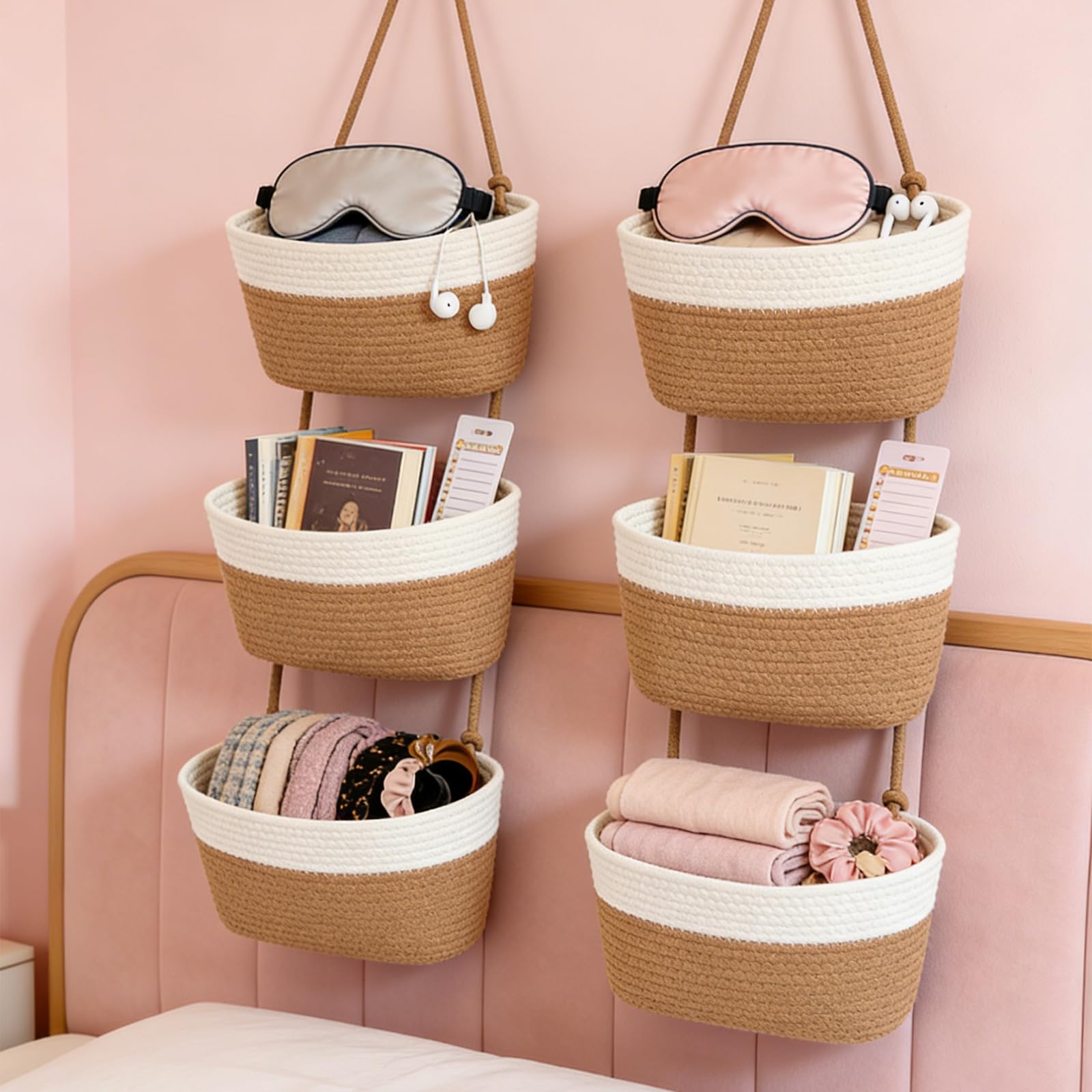 anier à Suspendre 3 Niveaux, Panier à Suspendre en Corde de Coton, Panier Mural Osier pour Salle de Bain, Cuisine et Chambre, Over the Door Storage, Marron Clair