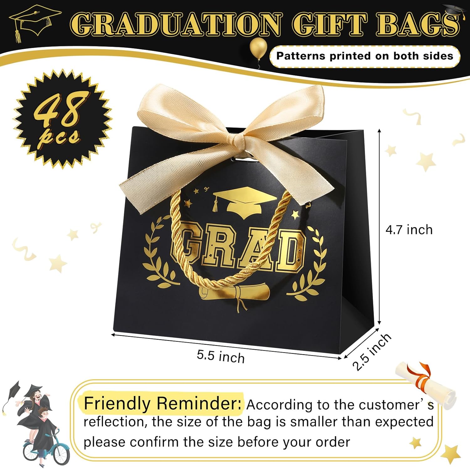 Pasimy 48 Pcs Graduation Bags with Handles Bow Ribbon Small Graduation Favor Bags Congrats Grad Treat Bags Class of 2026 Grad Paper Gift Bag for Primary Middle School Graduation Party Supplies(Black)