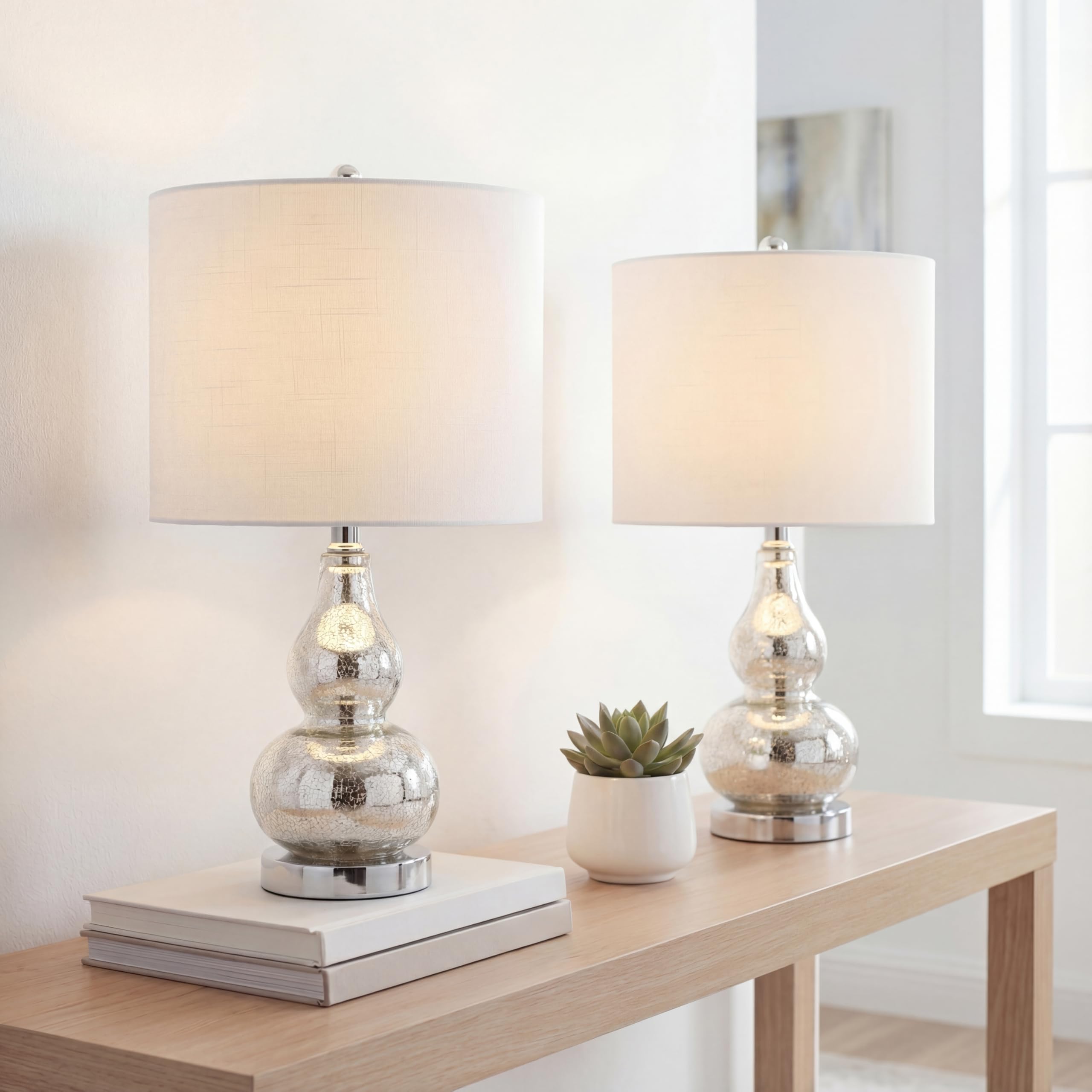 JONATHAN Y Anya Gourd Glass Table Lamp 20.5 Mercury Silver Set of 2 | Modern White Linen Drum Shade Bedside Nightstand LED Bulbs Included Chrome Metal Base product thumbnail 4
