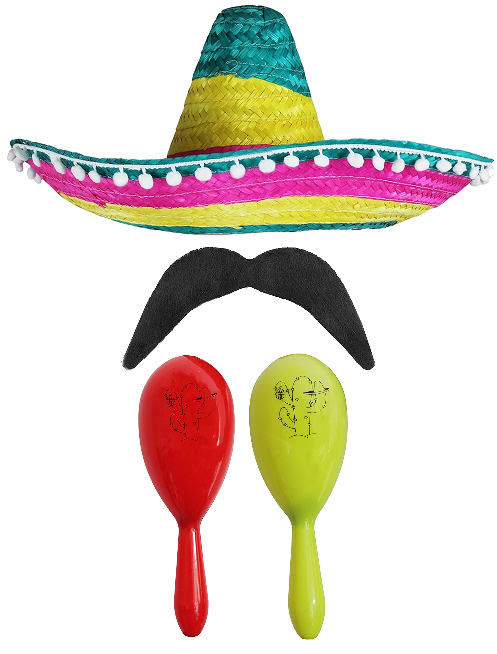 Adults Mexican Accessory Set - Multicoloured Sombrero, Red & Yellow Maracas, Moustache - Cinco de Mayo Sensorita Bandit Mariachi Fancy Dress Costume Accessory Set
