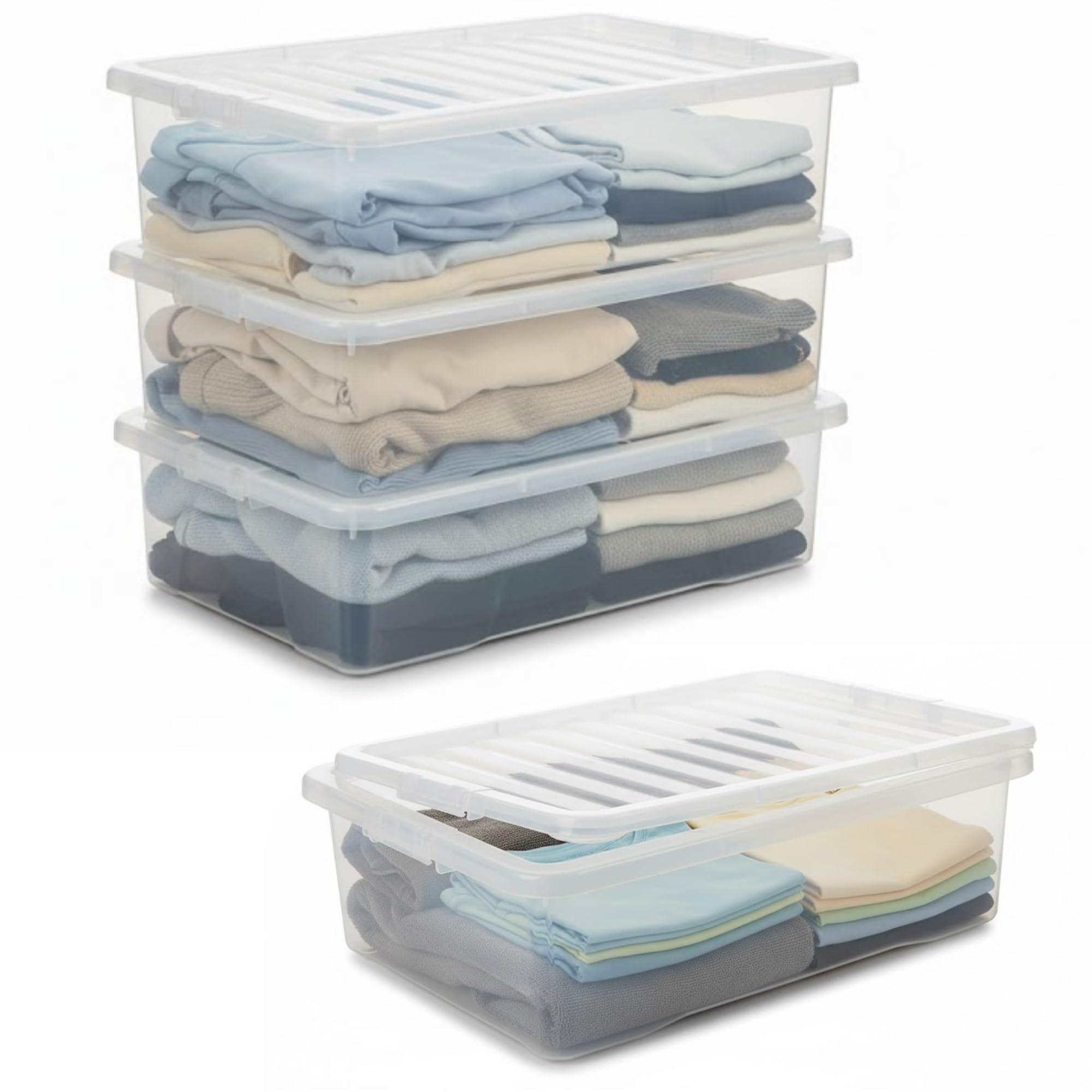 KYY'Z - 32L Under Bed Box with Lid - Clear Plastic Organiser Container - Stackable Storage Solution for Clothes Toys Bedding Multipurpose Bin for Home Office Bedroom Garage - 60 x 40 x 18cm (4)