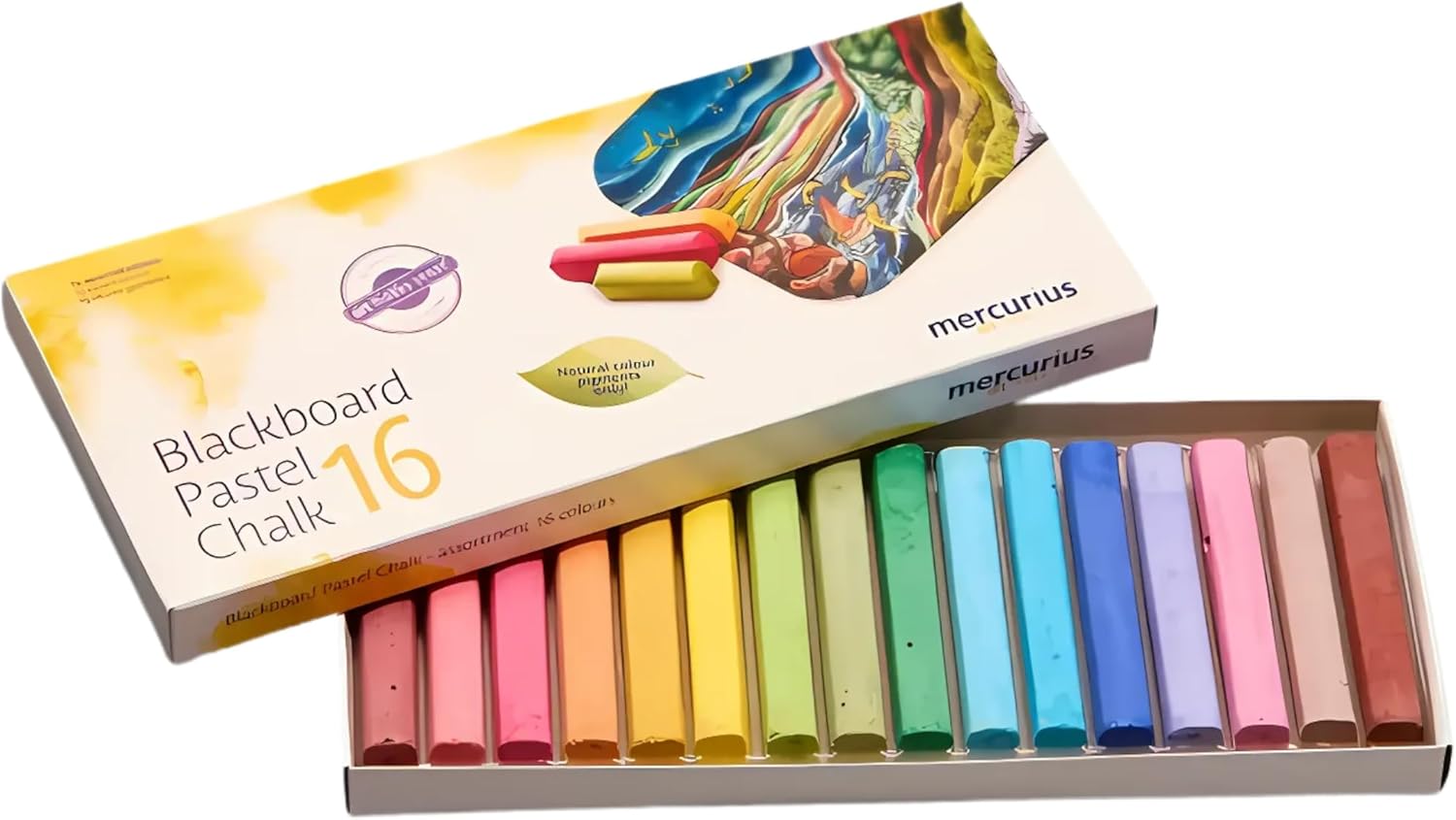 Mercurius Art Makes Sense Blackboard Pastel Chalk – 16 Assorted Colors, Natural Pigment Chalk for Blackboard Drawing, Writing & Artistic Techniques, Smooth Application, Break-Resistant Sticks