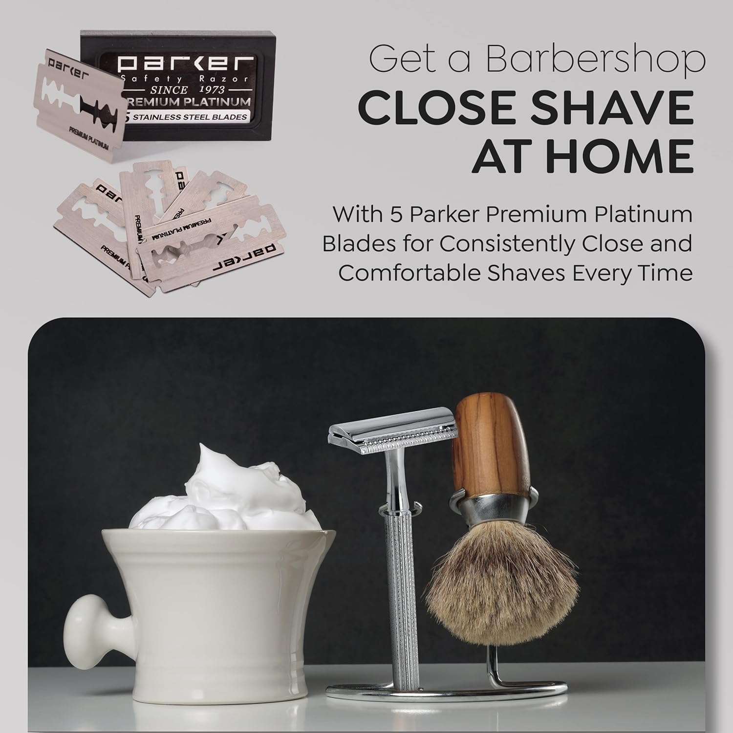 PARKER Safety Razor Unisex Model 78R 3-Piece Closed Comb Safety Razor With 5 Parker Platinum Blades Included (High Luster Chrome) 3
