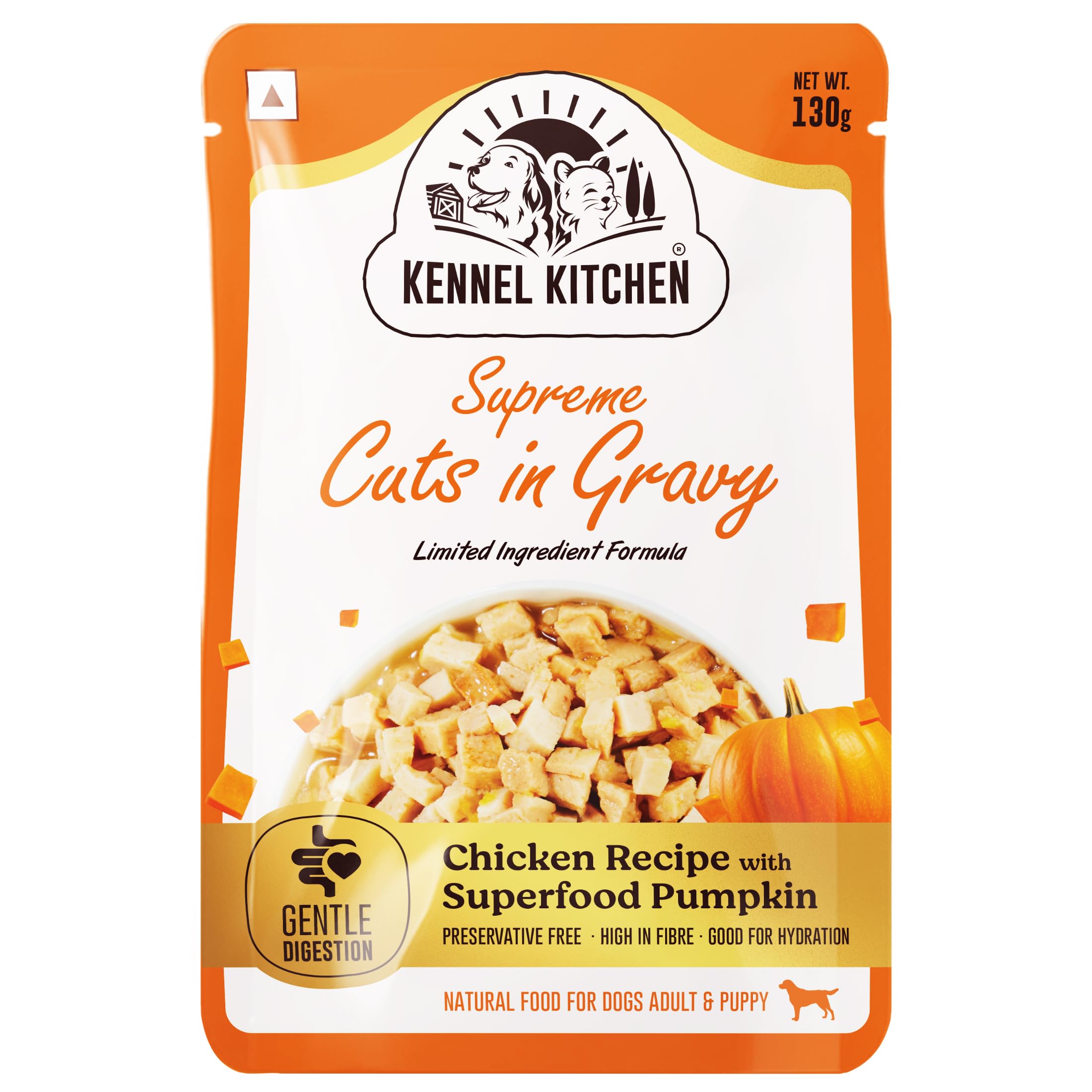 Kennel Kitchen Supreme Cuts in Gravy, Chicken Recipe with Pumpkin, 130g (Pack of 12) | Wet Dog Food Gravy for Adult & Puppy | Limited Ingredient Chunks High in Fibre & Good for Hydration