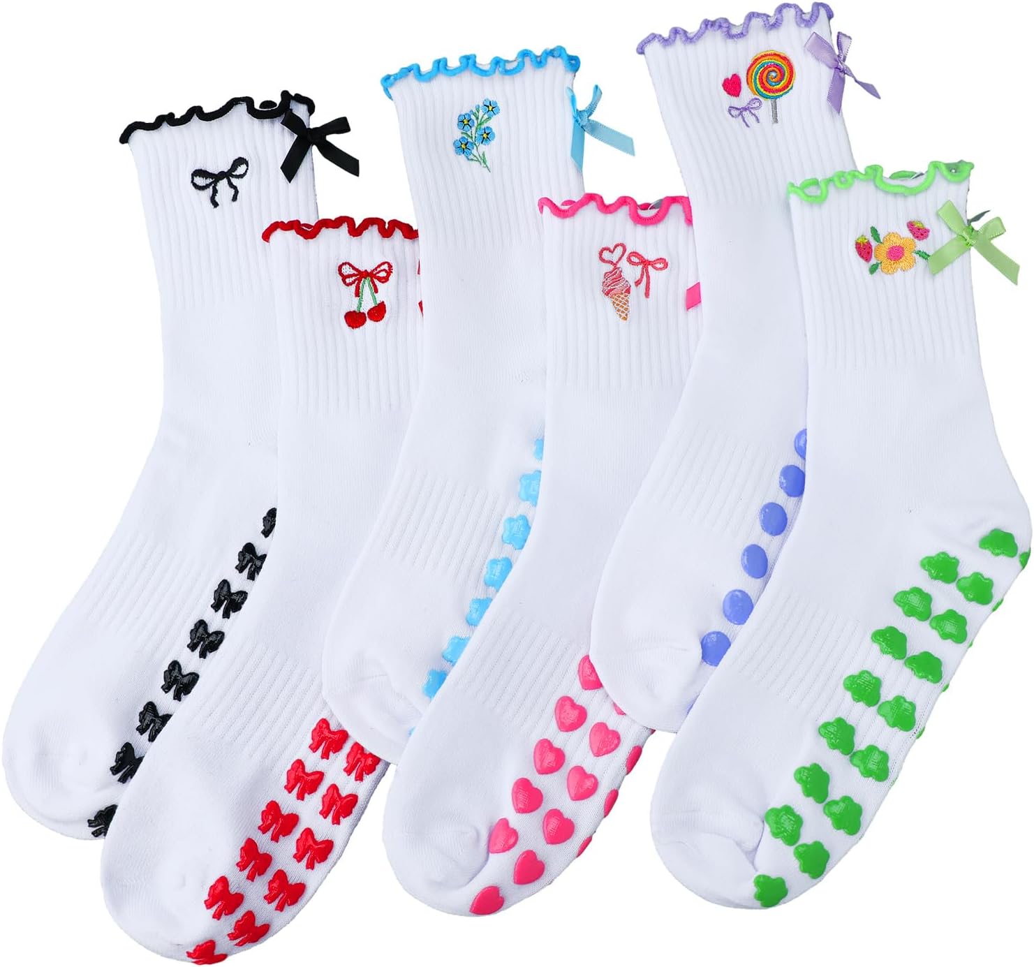 Hercicy 6 Pairs Cute Ruffle Pilates Socks for Women Yoga Barre Dance Hospital Non Slip Cotton Crew Socks with Embroidery Pattern for Barre Dance Running Workout