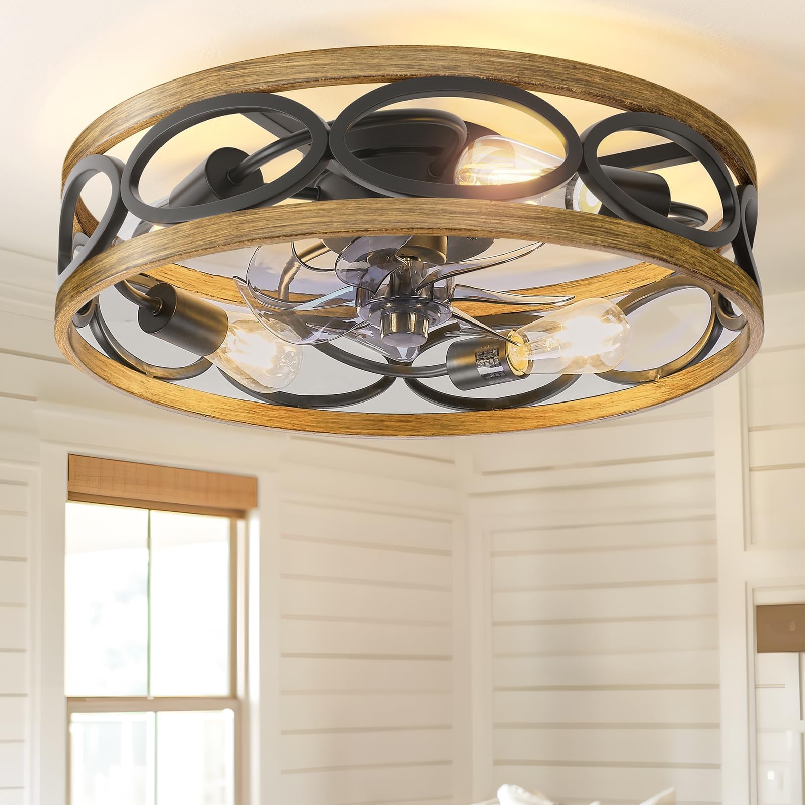 20" Ceiling Fans with Lights and Remote, 6 Wind Speeds 3 Timing Quiet Flush Mount Low Profile Caged Ceiling Fan for Bedroom Living Room Kitchen, Farmhouse Reversible Ceiling Fan, Wood Grain