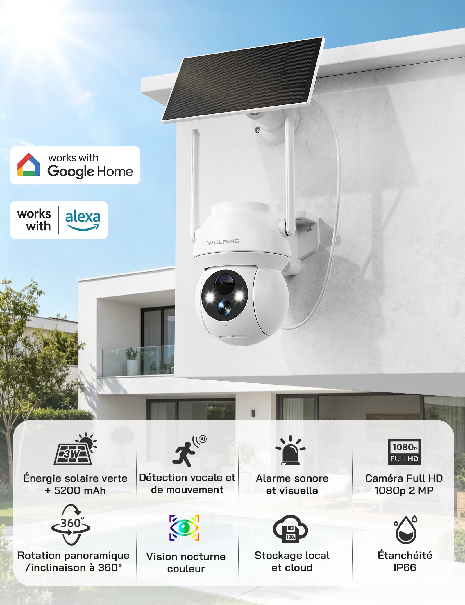 WOLFANG Caméra de sécurité Solaire d'extérieur 1080p PTZ WiFi 360° (2,4 G Uniquement), détection de Mouvement PIR, Vision Nocturne Couleur, Audio bidirectionnel, IP65, Fonctionne avec Alexa et Google