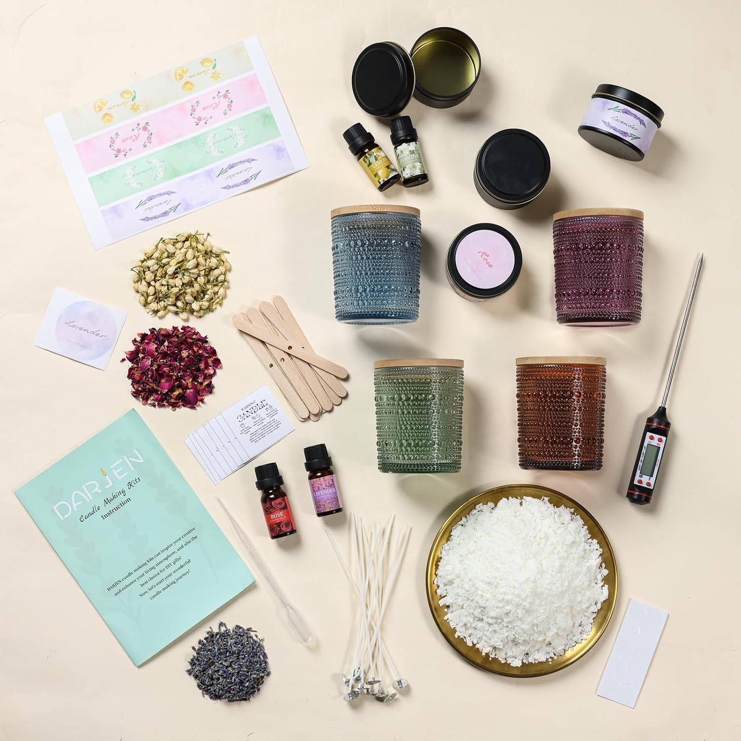 DARJEN Candle Making Kits for Adults- Candle Making Supplies with 4 Candle Jars(Amber, Purple, Blue, Green), Candle Tins, Soy Wax, Scents, Dried Flower & More, DIY Starter Candle Making Kit Home Decor