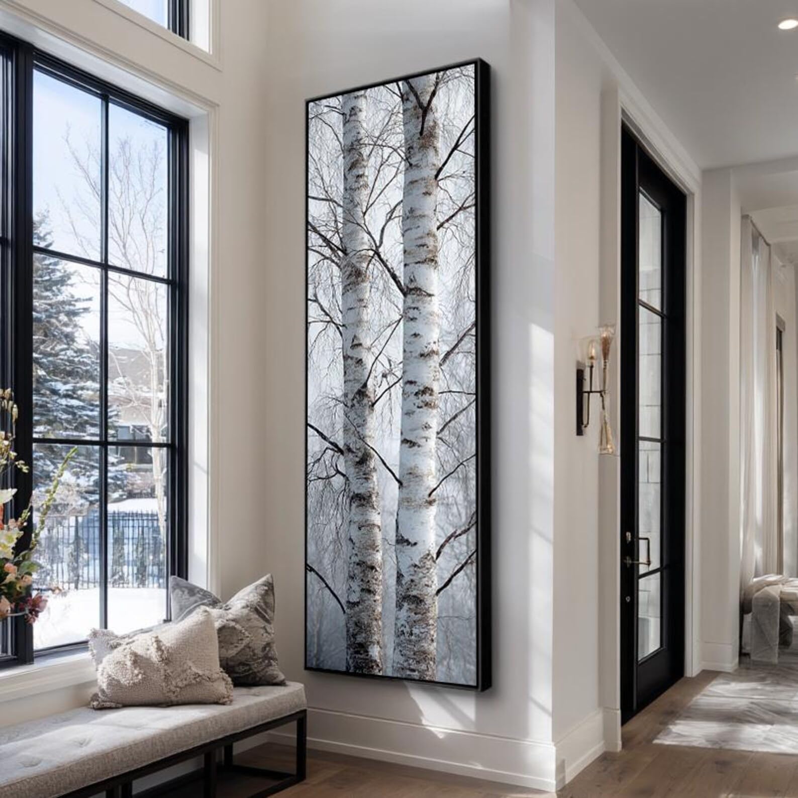 XINBAO Slim Long Thin Wall Art, Narrow Canvas Art, Tall Thin Wall Art Painting, Vertical Canvas Art, Birch Tree Forest Decor(35x105cm/Frameless)