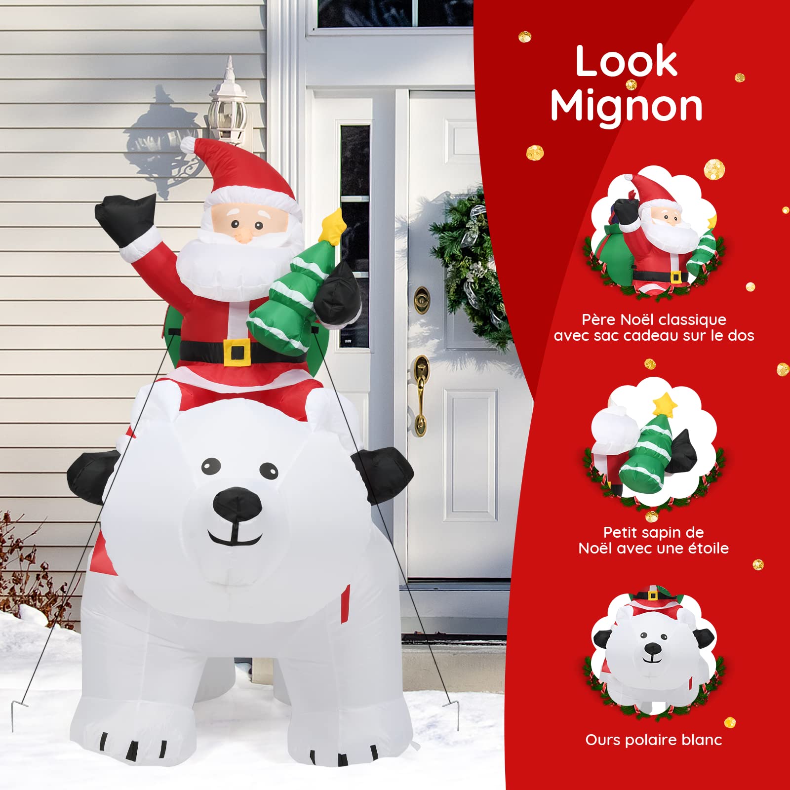 GOPLUS 175CM Père Noël Chevauchant l'Ours Gonflable avec Lumières - Décoration Noël Intérieur et Extérieur