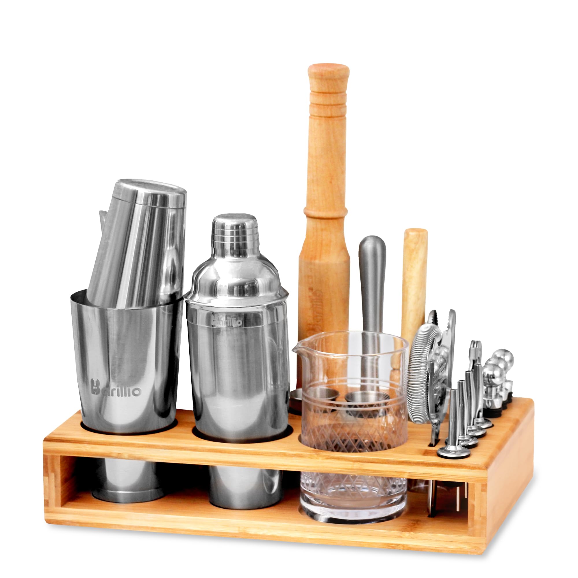 Barillio Bar Tool Set Pro Edition Bundle w/Bamboo Bar Tool Stand - 33-Pc Bar Set Essentials - Stainless-Steel Cocktail Shaker Set - Mixology Bartender Kit w/Boston Shaker, Drink Mixer for Cocktails