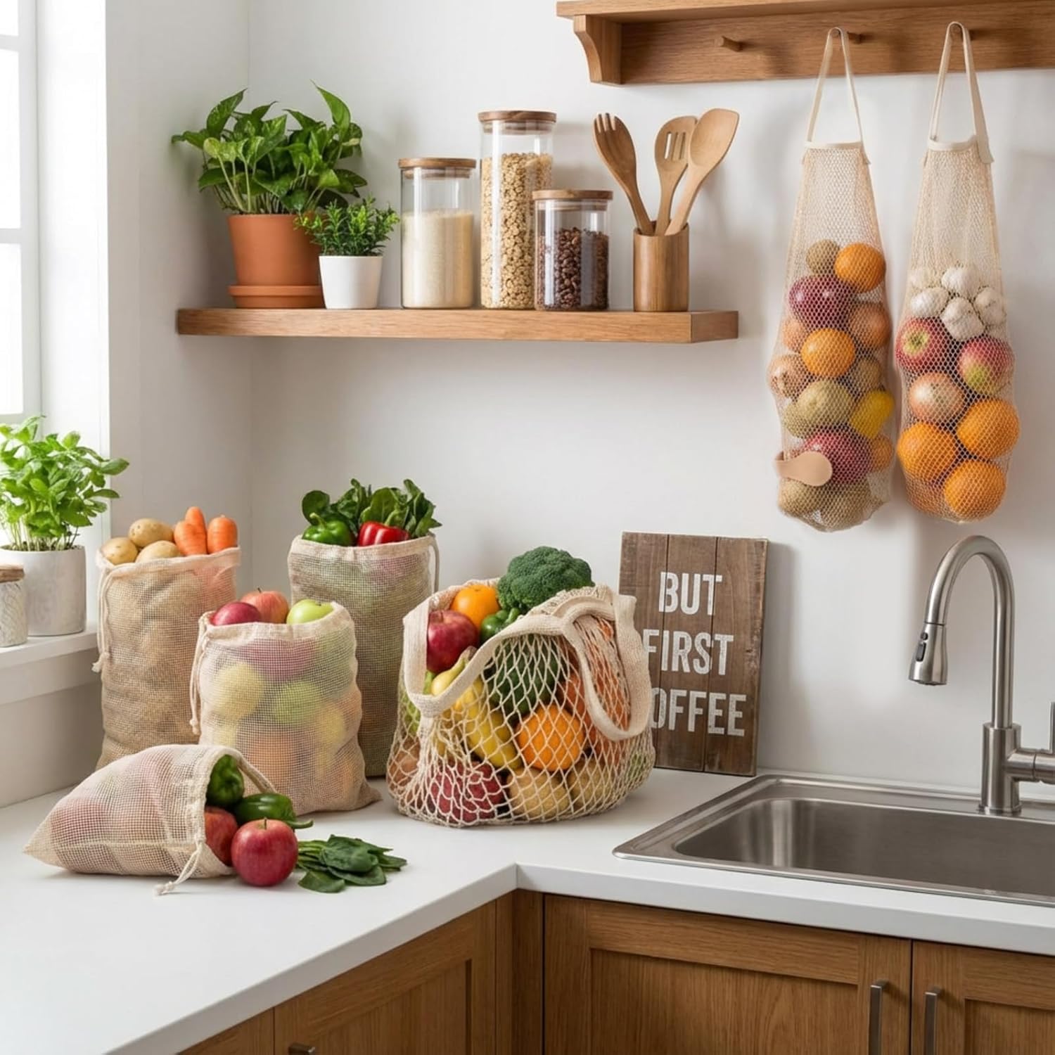 22 Pack Reusable Produce Bags Washable Set, Cotton Mesh Produce Bags Durable Hanging Storage Bag Heavy Duty Mesh Grocery Bag for Grocery Shopping Vegetables Fruits