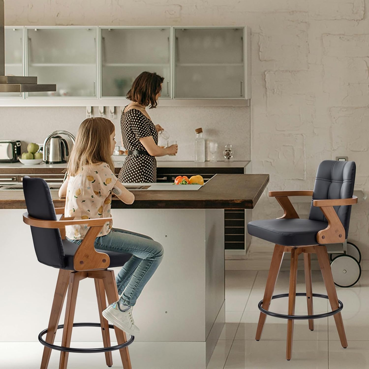MEKLIBA Black Bar Stools Set of 2, Kitchen Bar Stools 30” H,Modern Leather Bar Height Chairs with Back,Kitchen Island Chairs,Swivel Stools for Kitchen Island