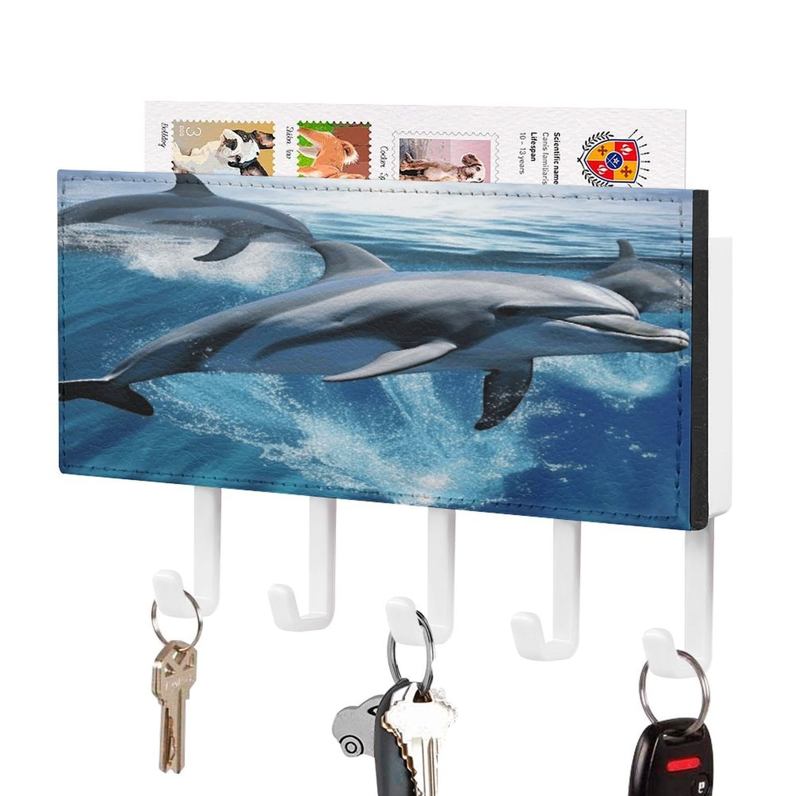 FekiLoot Dolphins Key Holder for Wall Decorative Mail Organizer with 5 Key Hook Self Adhesive Key Rack with Tray Coat Rack Wall Mount Key Hanger Decor for Entryway Door