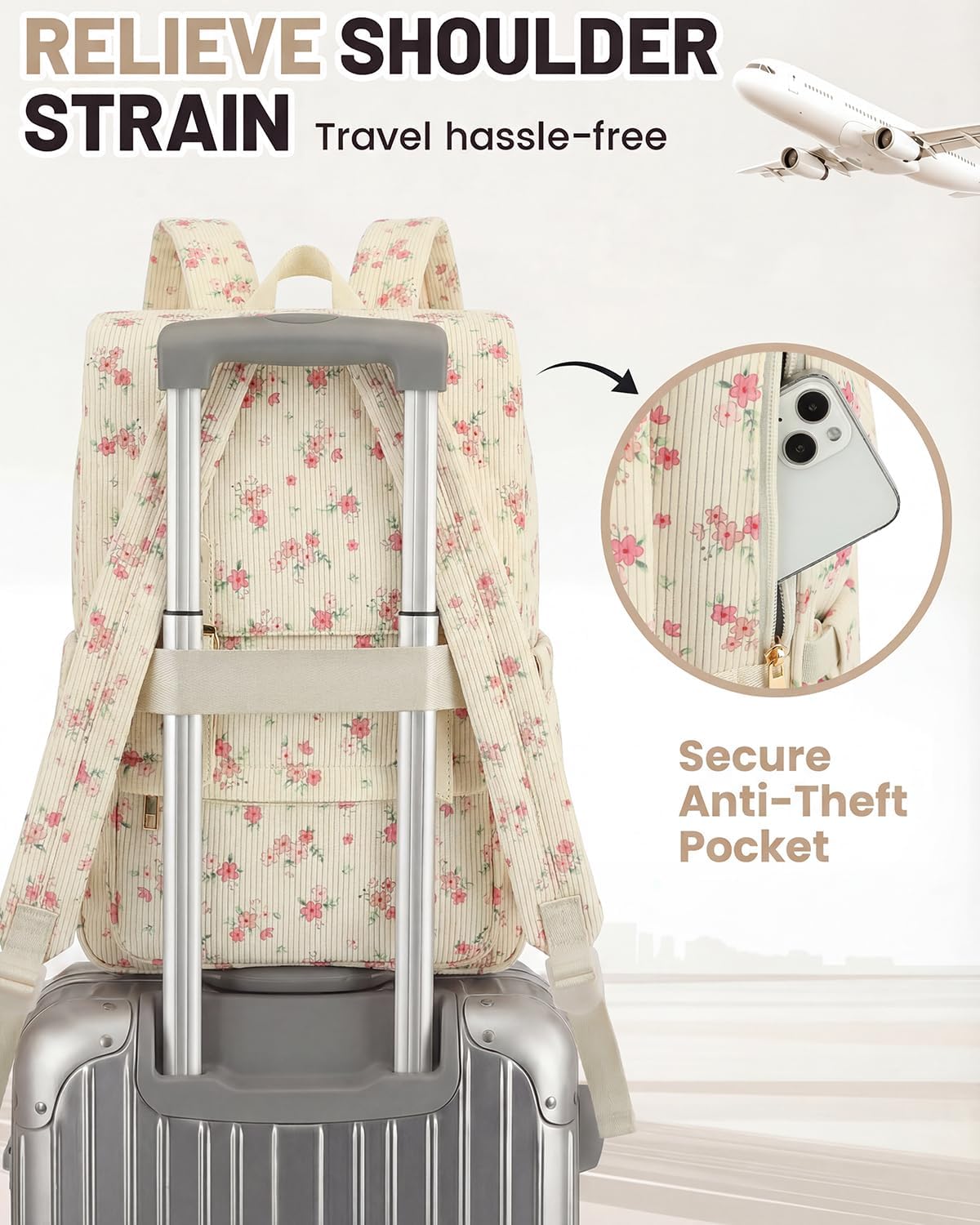 Corduroy Laptop Backpack for Women, Fits 15.6 Inch Computer Bag, College High School Bookbag Travel Daypack Purse, Work Business Bags - Beige Corduroy Floral Pink - Image 5